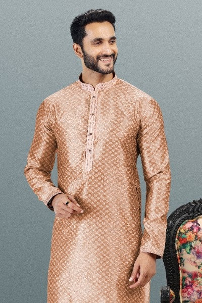 Men's Dark Peach Jacquard Banarasi Silk Pintux Work Kurta Pajama Set