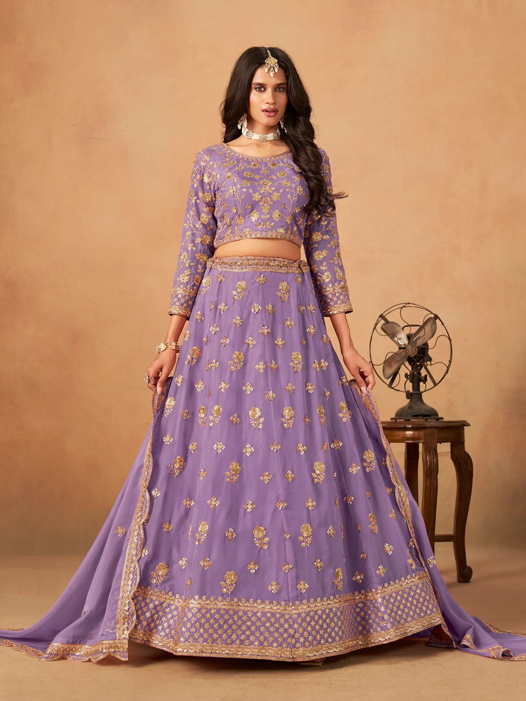 Lavender Organza Embroidery Work Lehenga Choli - qivii