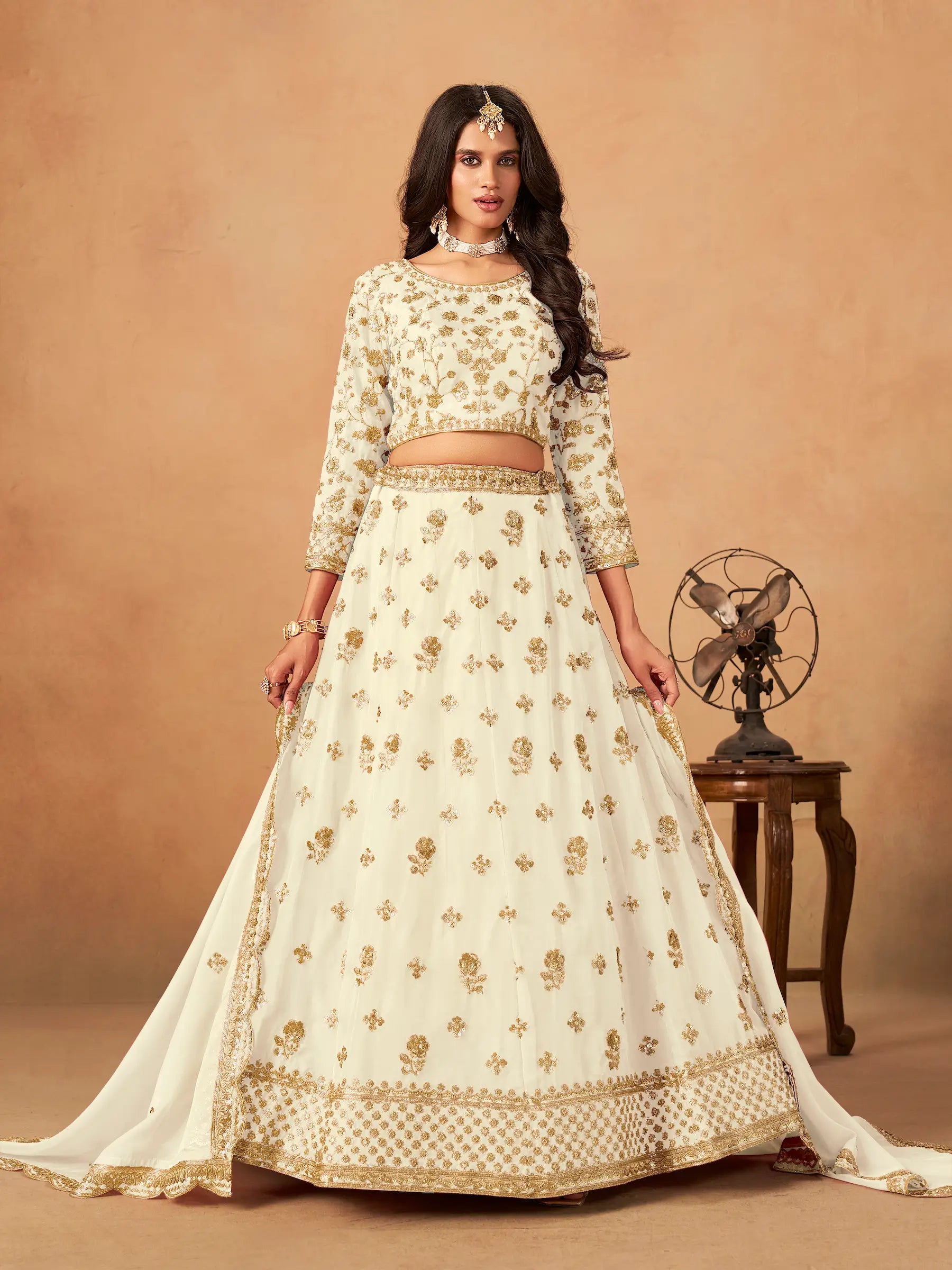 Off White Organza Embroidery Work Lehenga Choli - qivii