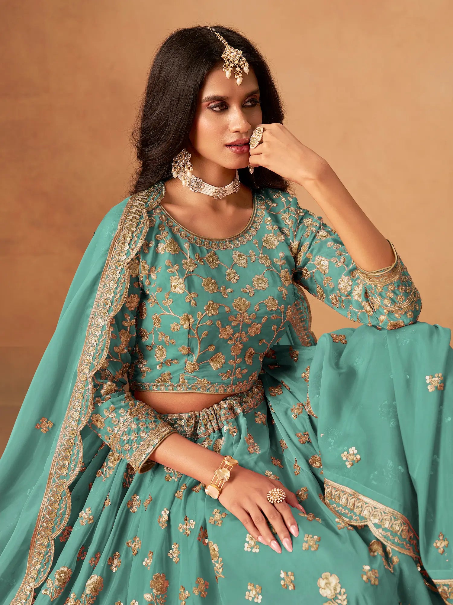 Aqua Blue Organza Embroidery Work Lehenga Choli - qivii