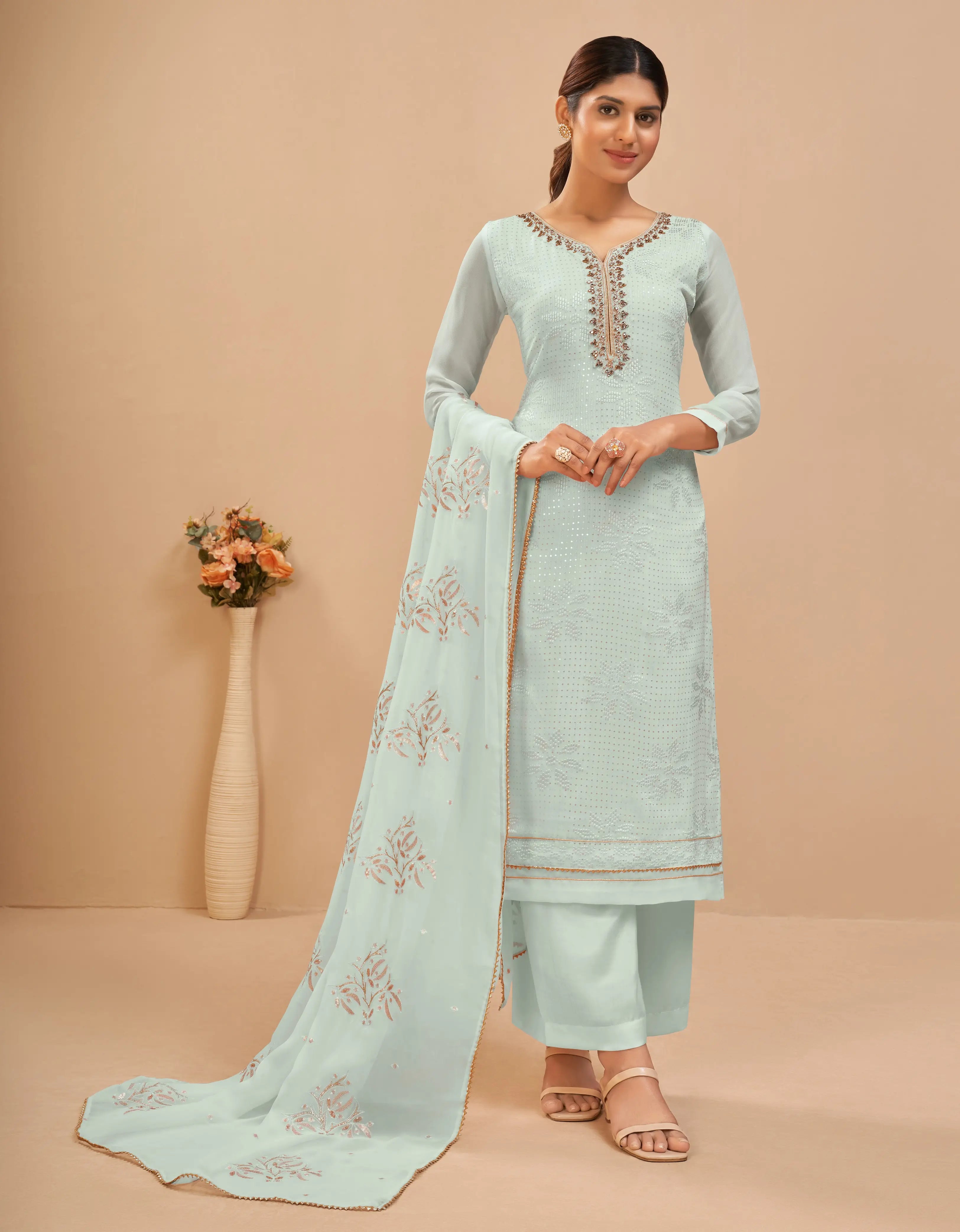 Powder Blue Georgette Sequins Embroidery Work Salwar Suit With Dupatta - qivii
