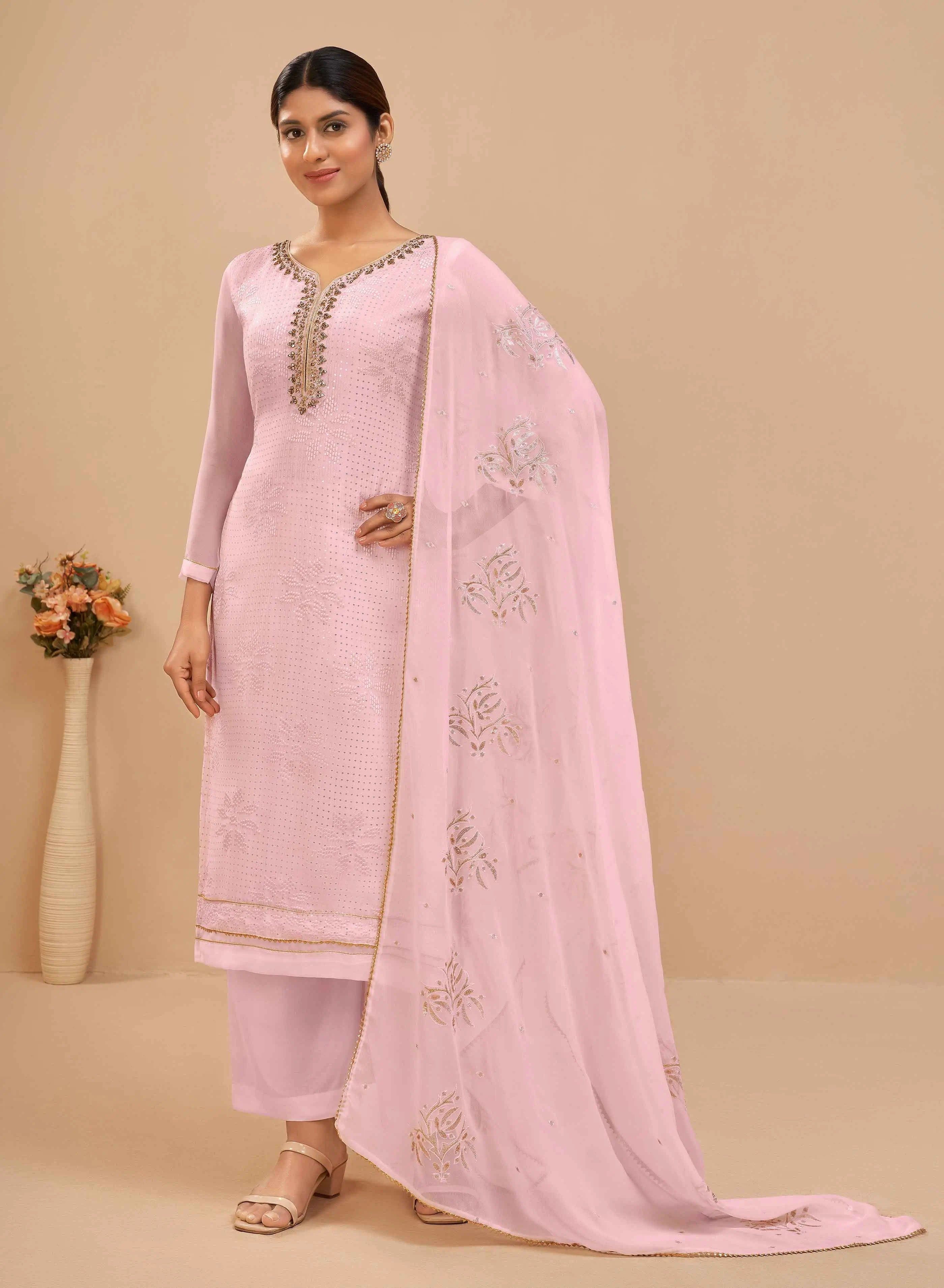 Light Pink Georgette Sequins Embroidery Work Salwar Suit With Dupatta - qivii