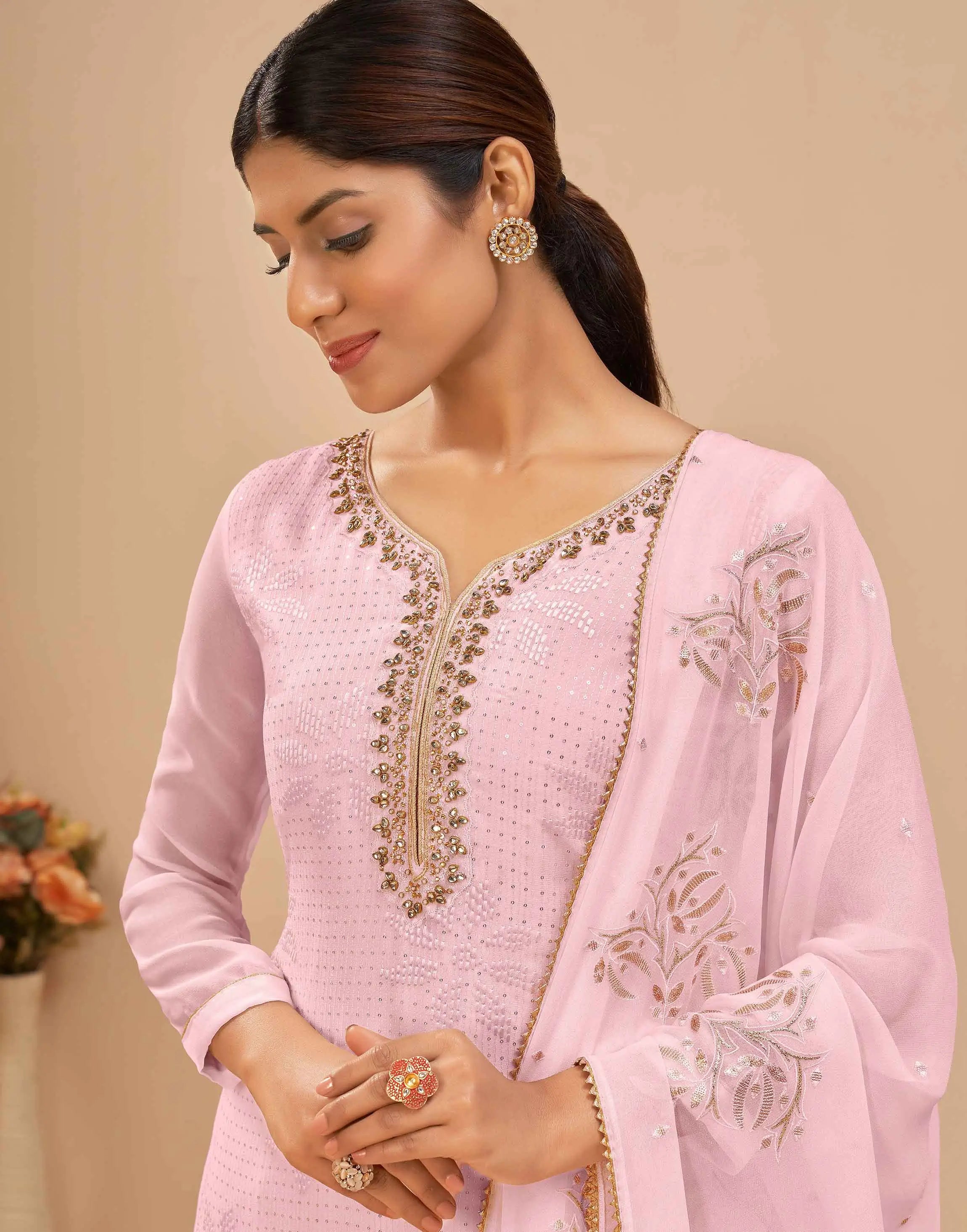 Light Pink Georgette Sequins Embroidery Work Salwar Suit With Dupatta - qivii
