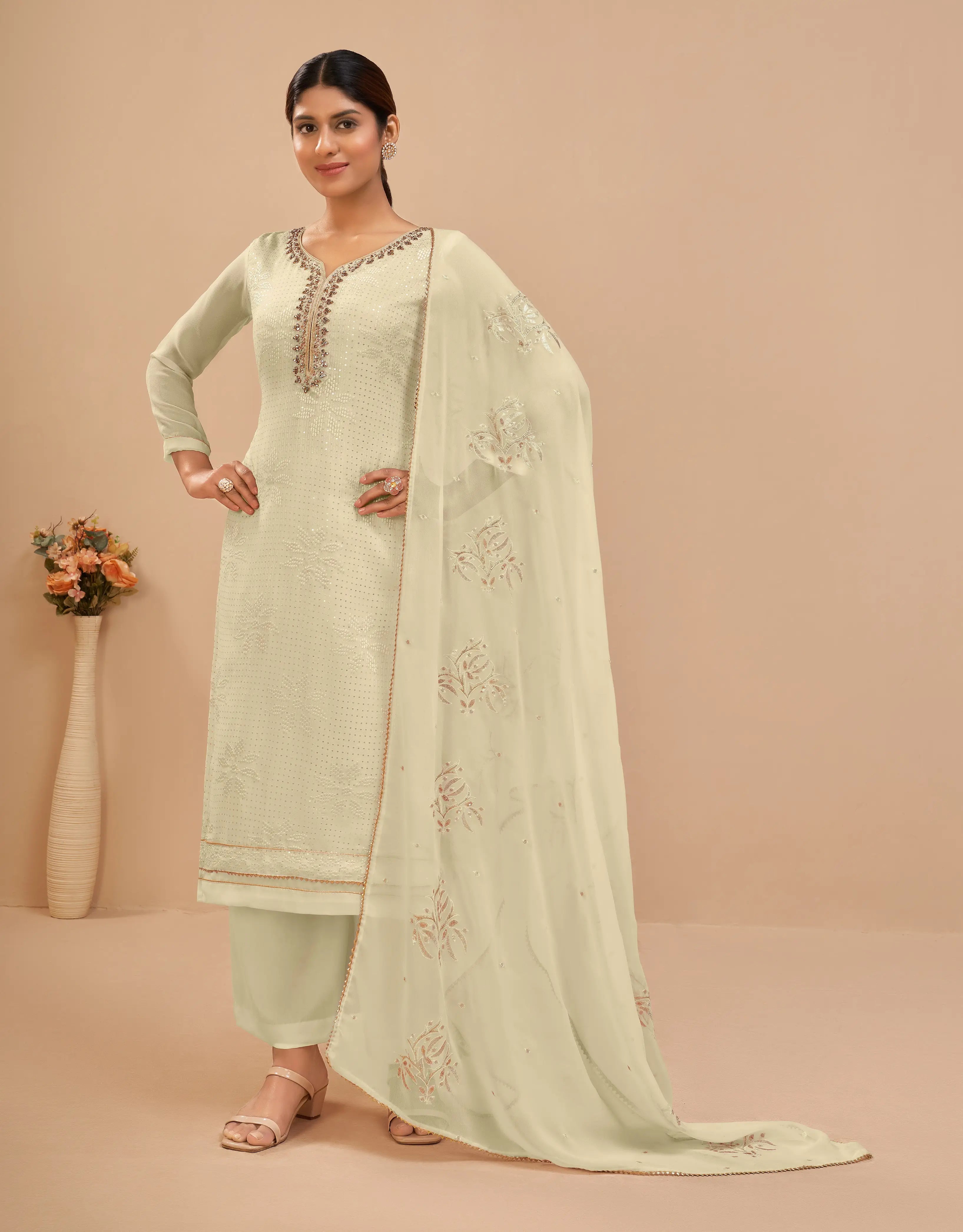 Light Yellow Georgette Sequins Embroidery Work Salwar Suit With Dupatta - qivii