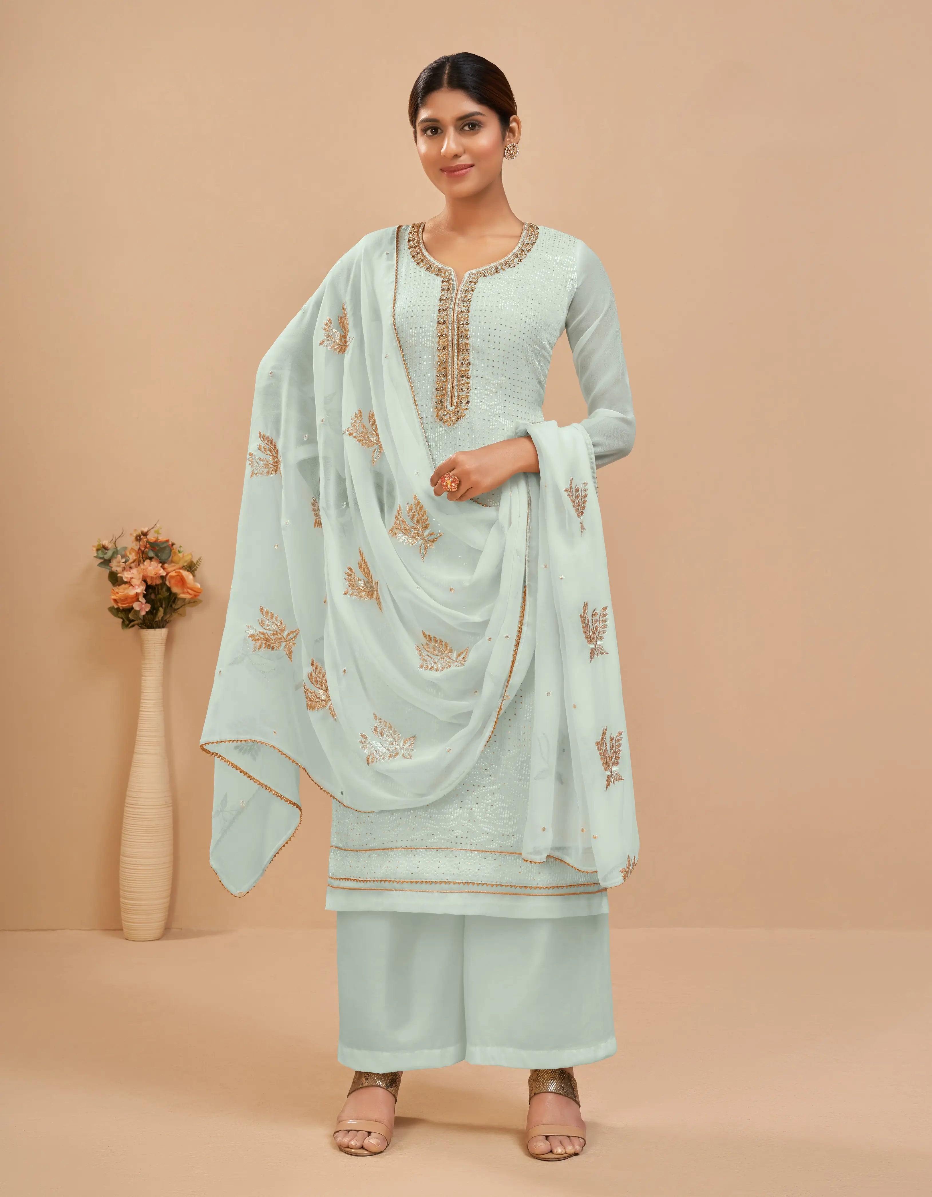 Sky Blue Sequins Embroidery Work Georgette Salwar Suit With Dupatta - qivii