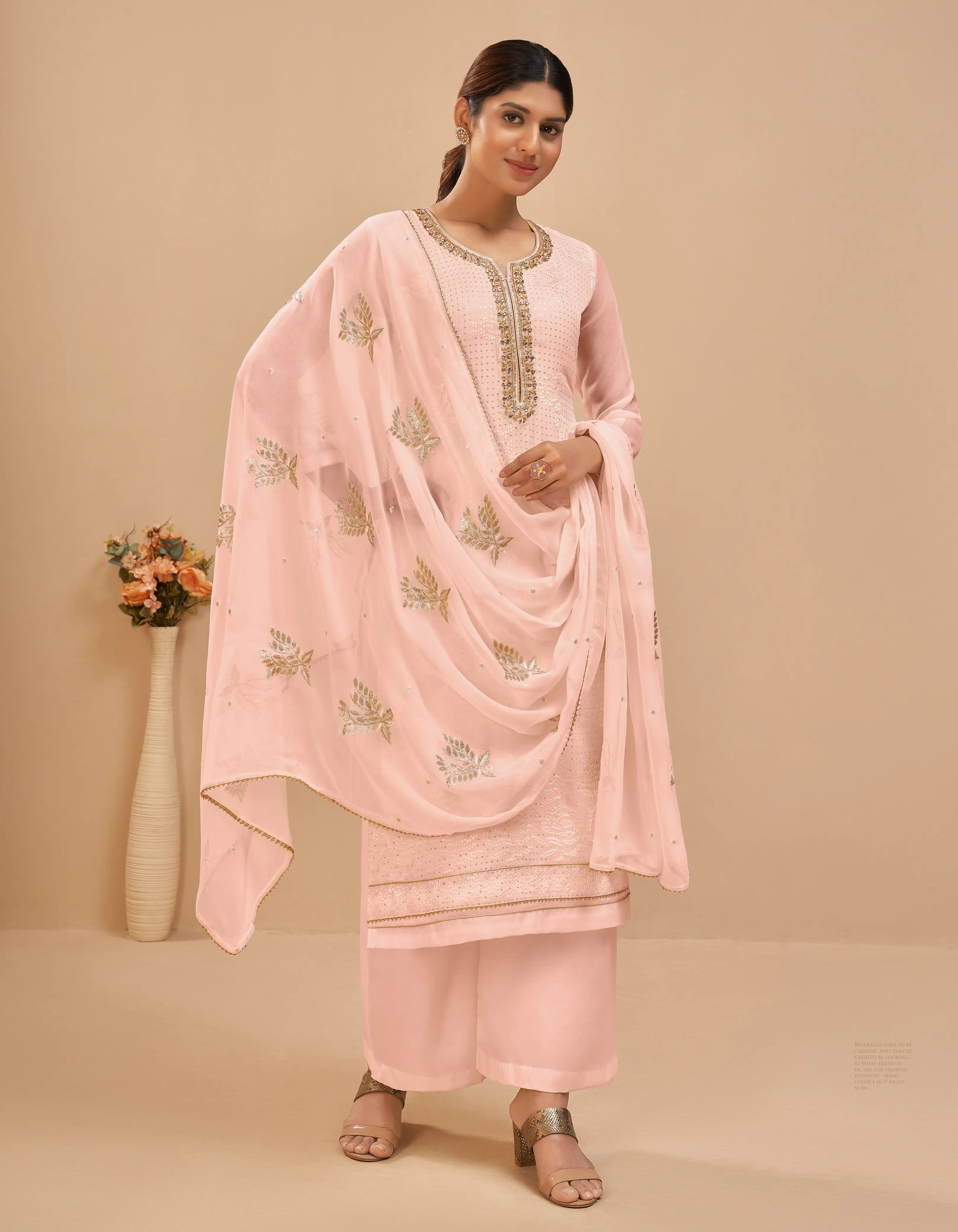 Peach Georgette Sequins Embroidery Work Salwar Suit With Dupatta - qivii