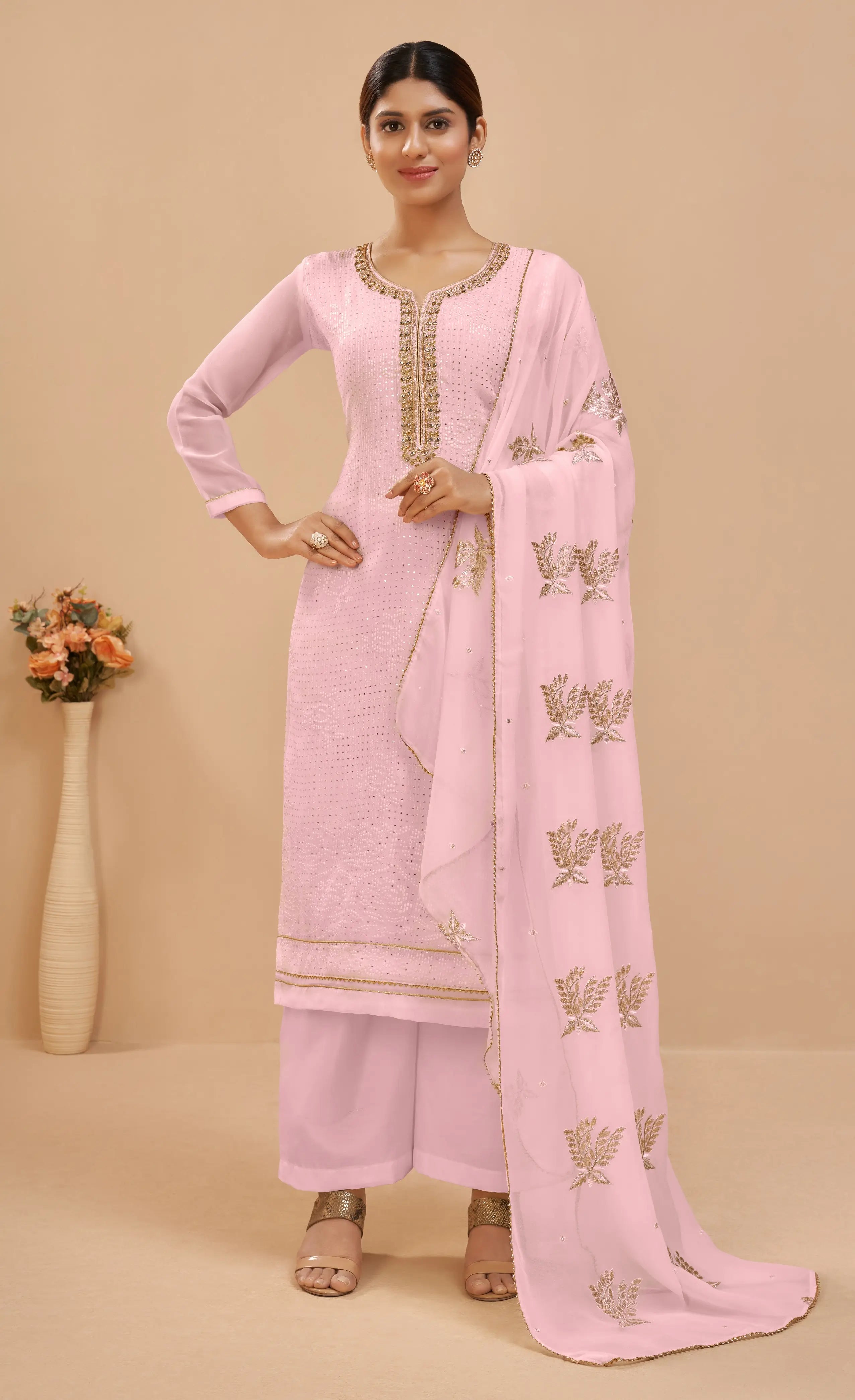 Soft Light Pink Georgette Sequins Embroidery Work Salwar Suit With Dupatta - qivii