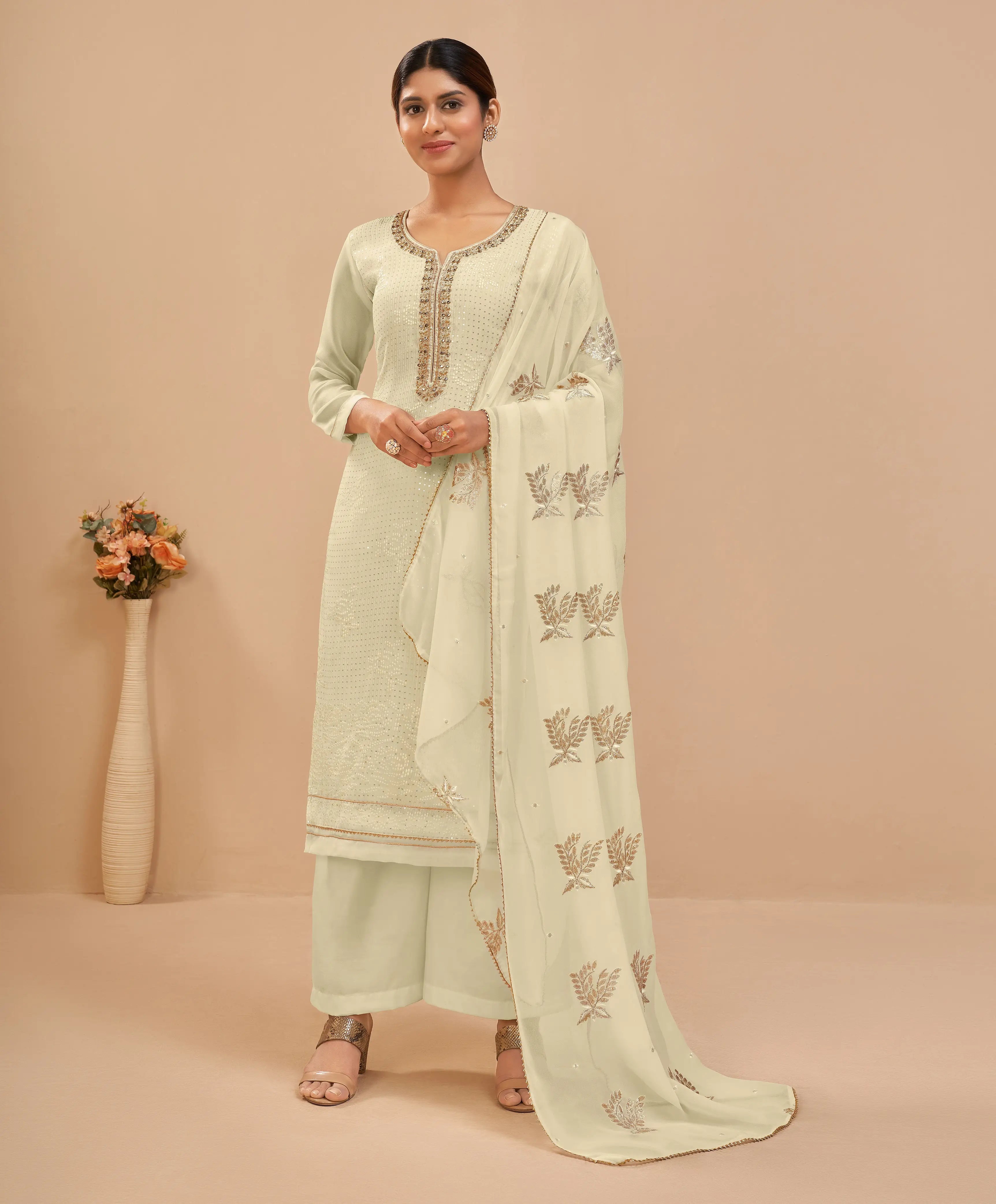 Soft Light Yellow Georgette Sequins Embroidery Work Salwar Suit With Dupatta - qivii