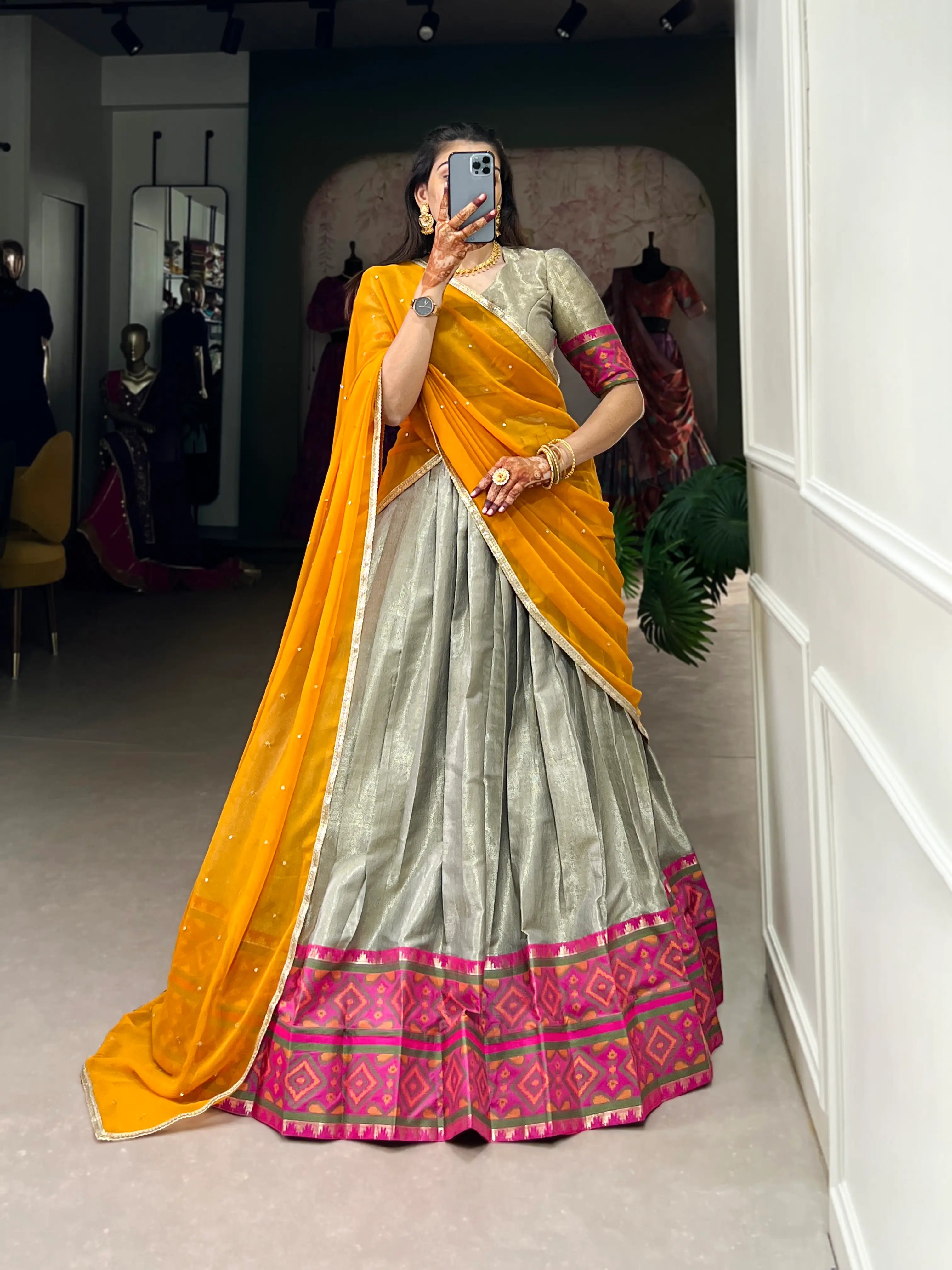 Grey Jacquard Silk Lehenga Choli With Weaving & Ikkat Kanjivaram Work | Ready To Wear - qivii