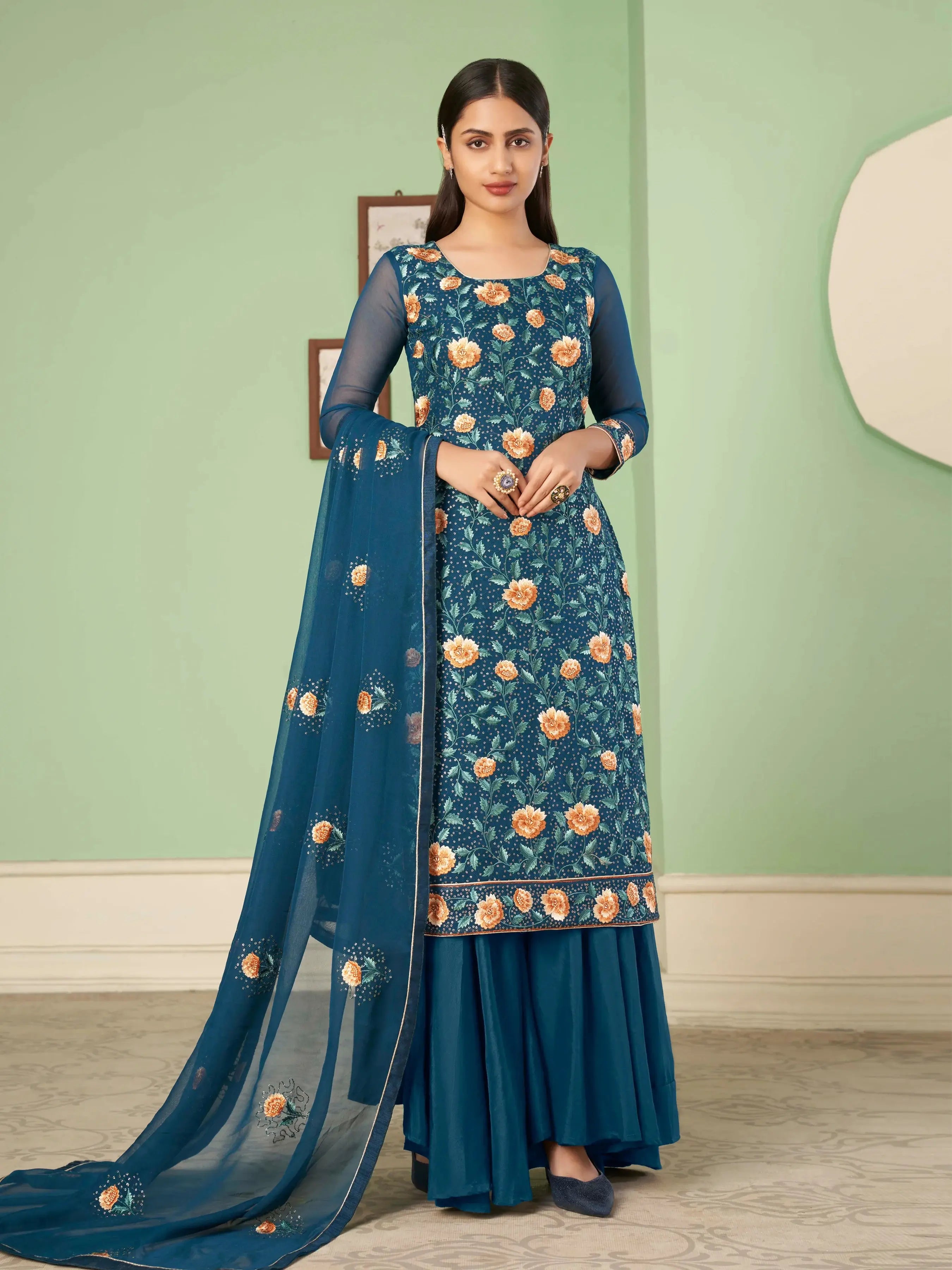 Cerulean Blue Heavy Embroidered Georgette Palazzo Set With Dupatta - qivii