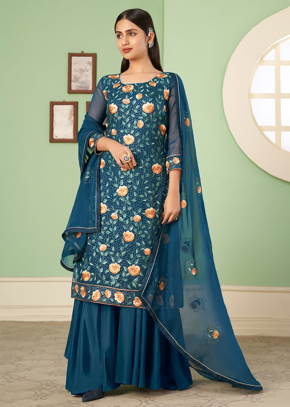 Prussian Blue Georgette Salwar Suit with Multi Colour Thread Embroidery & Sequence work - qivii