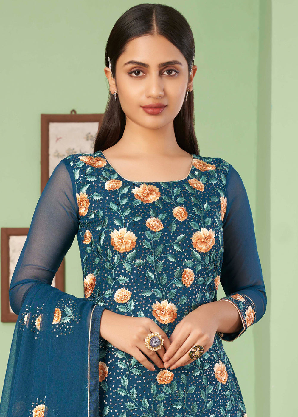 Prussian Blue Georgette Salwar Suit with Multi Colour Thread Embroidery & Sequence work - qivii