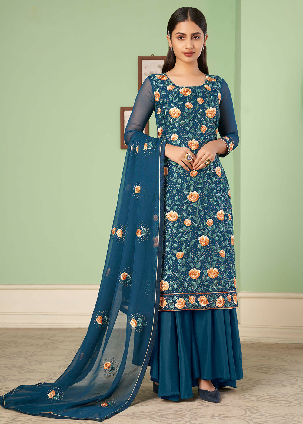 Prussian Blue Georgette Salwar Suit with Multi Colour Thread Embroidery & Sequence work - qivii