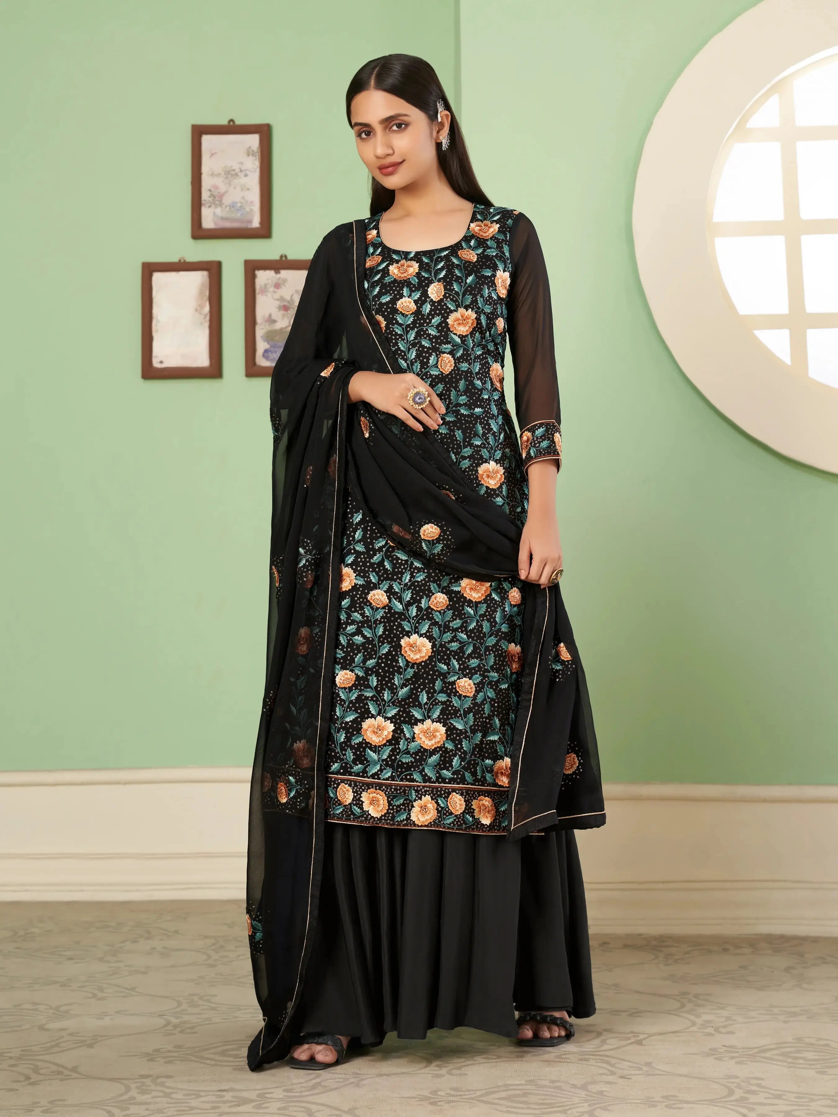 Black Multi Thread Embroidered Georgette Palazzo Set With Dupatta - qivii