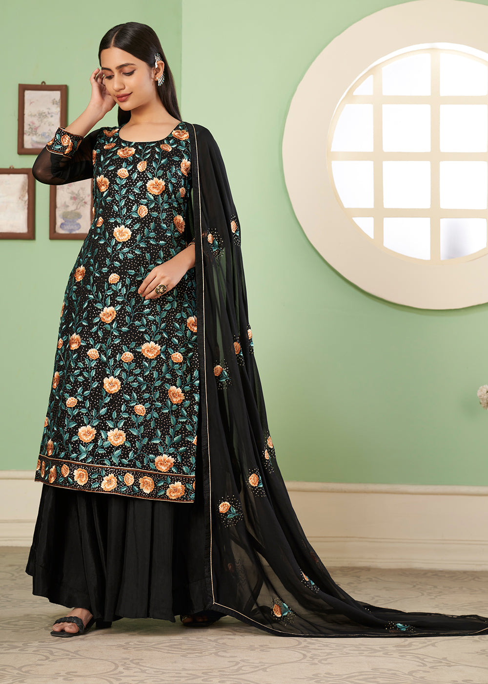 Pebble Black Georgette Salwar Suit with Multi Colour Thread Embroidery & Sequence work - qivii