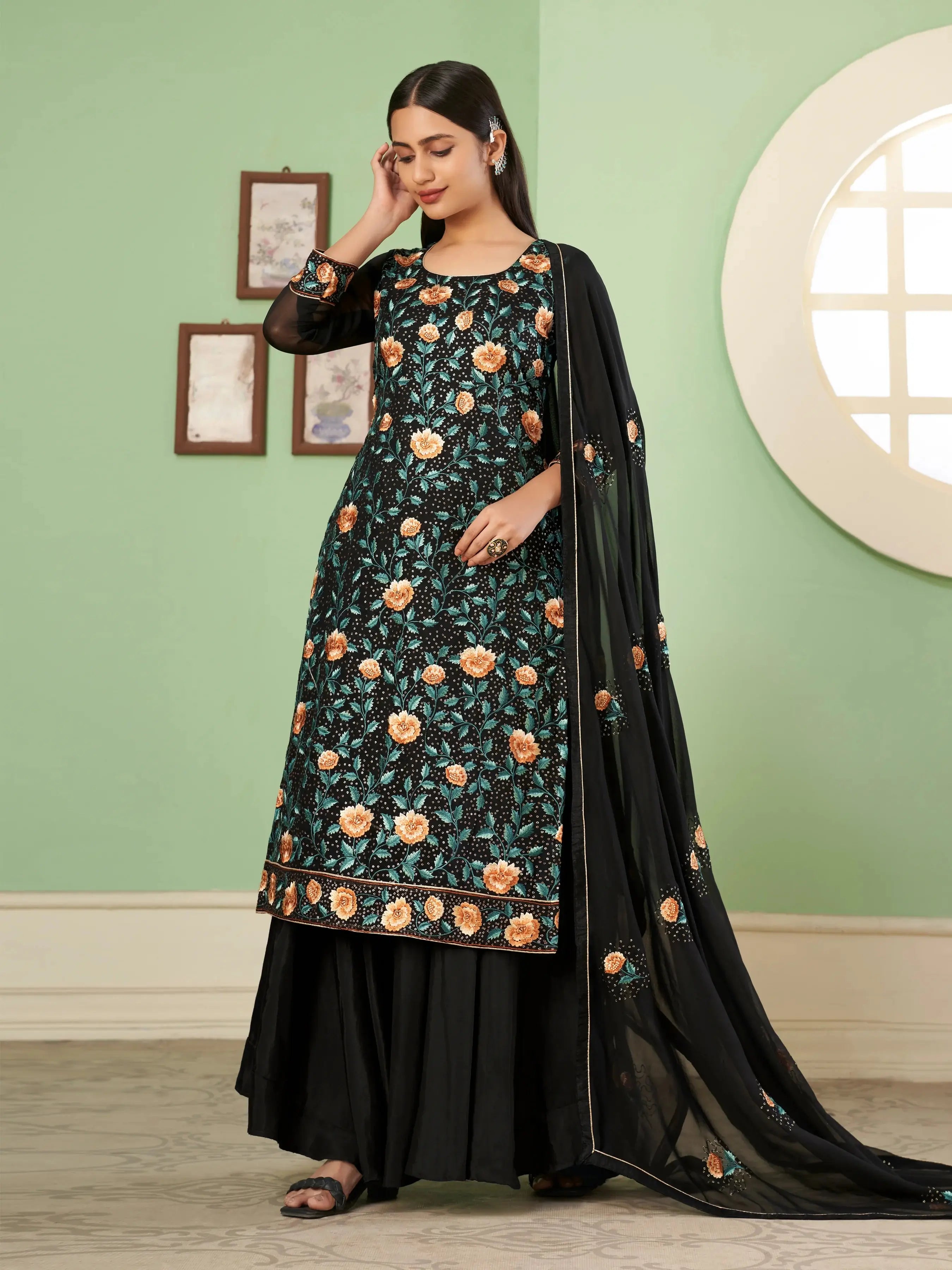 Black Multi Thread Embroidered Georgette Palazzo Set With Dupatta - qivii