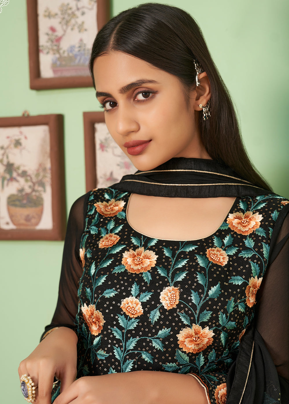 Pebble Black Georgette Salwar Suit with Multi Colour Thread Embroidery & Sequence work - qivii