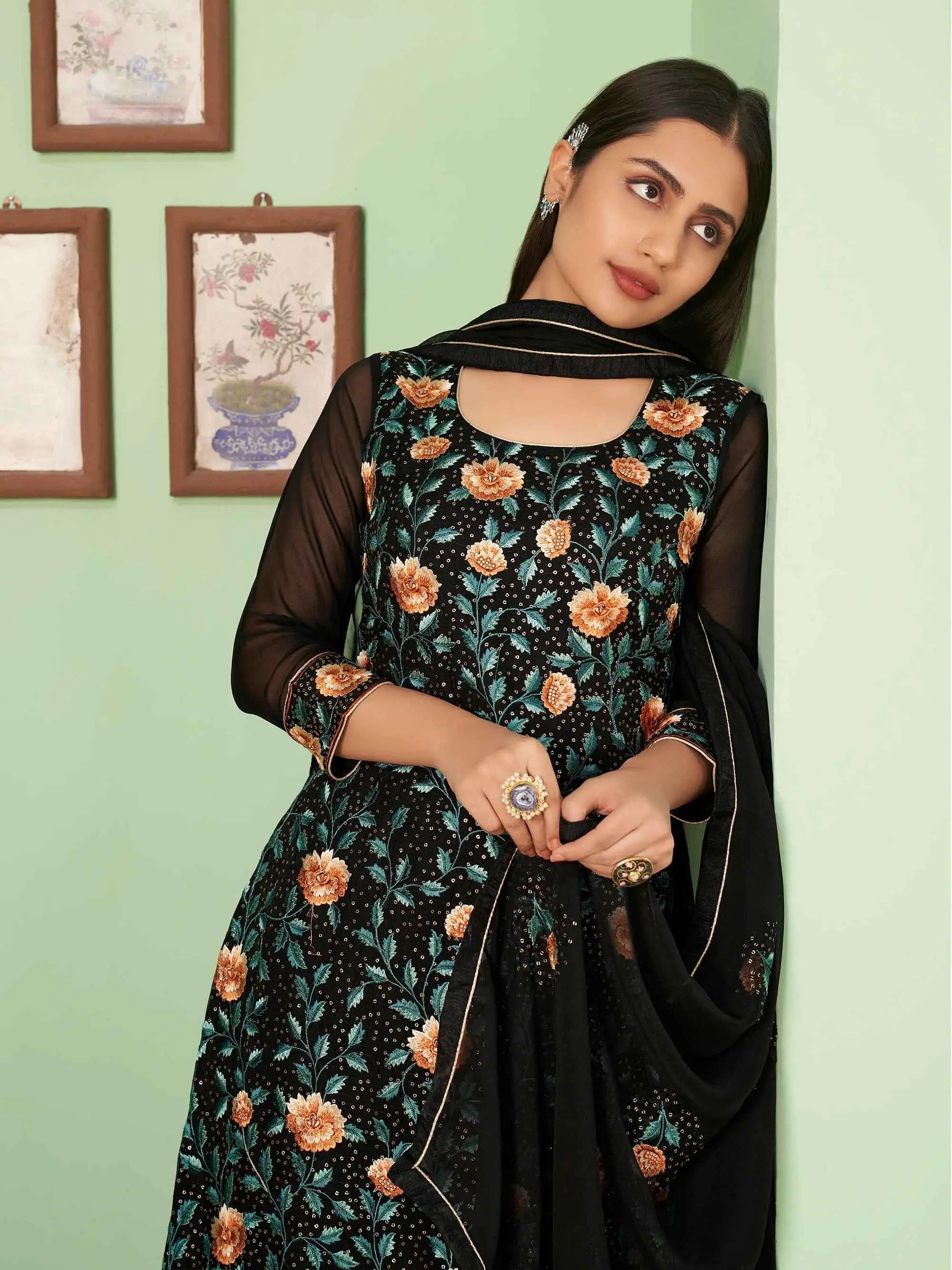 Black Multi Thread Embroidered Georgette Palazzo Set With Dupatta - qivii