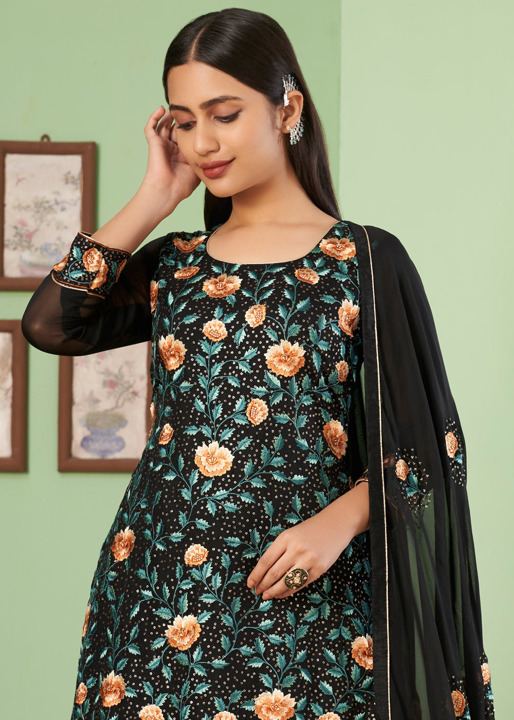 Pebble Black Georgette Salwar Suit with Multi Colour Thread Embroidery & Sequence work - qivii