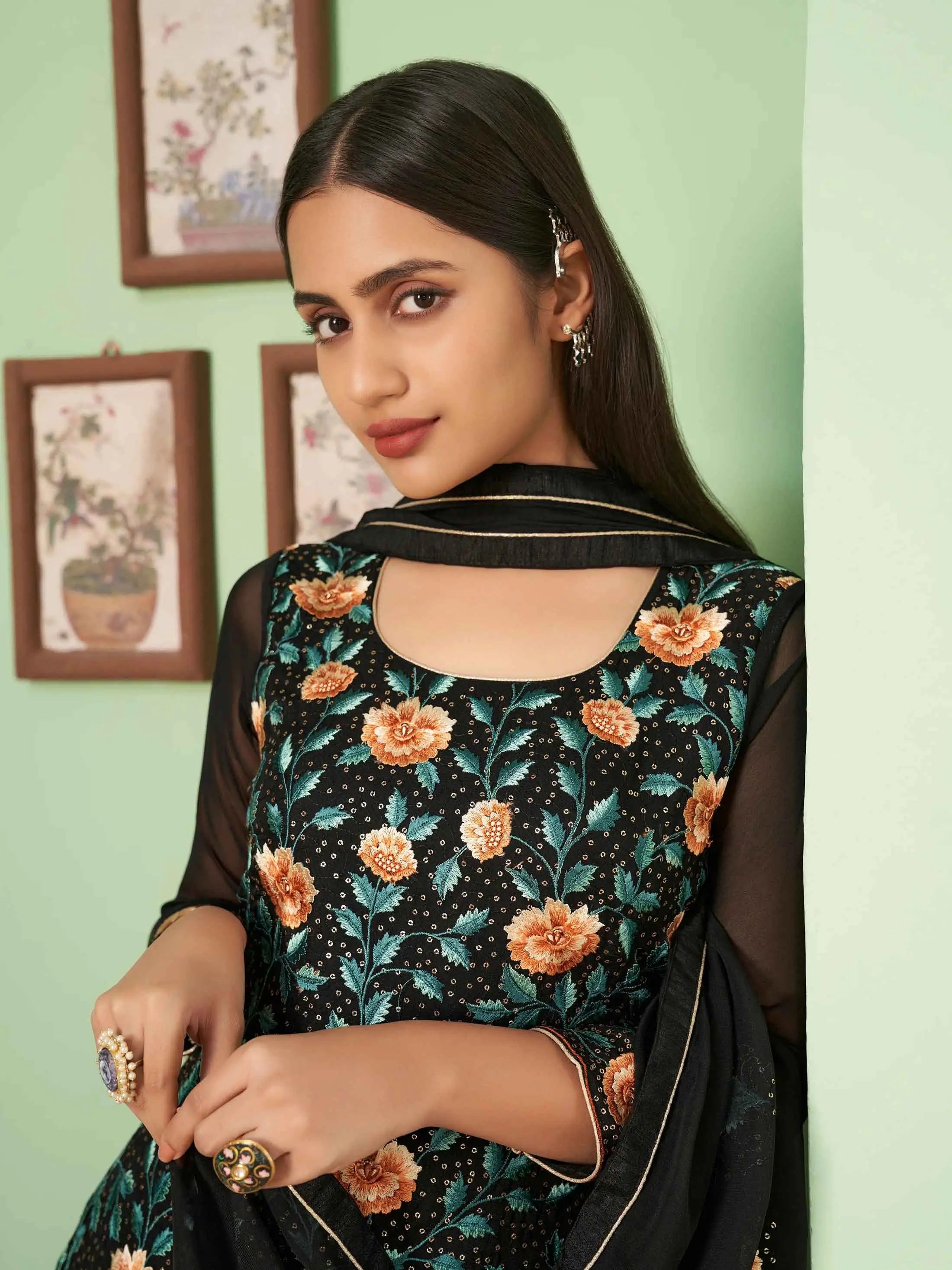 Black Multi Thread Embroidered Georgette Palazzo Set With Dupatta - qivii