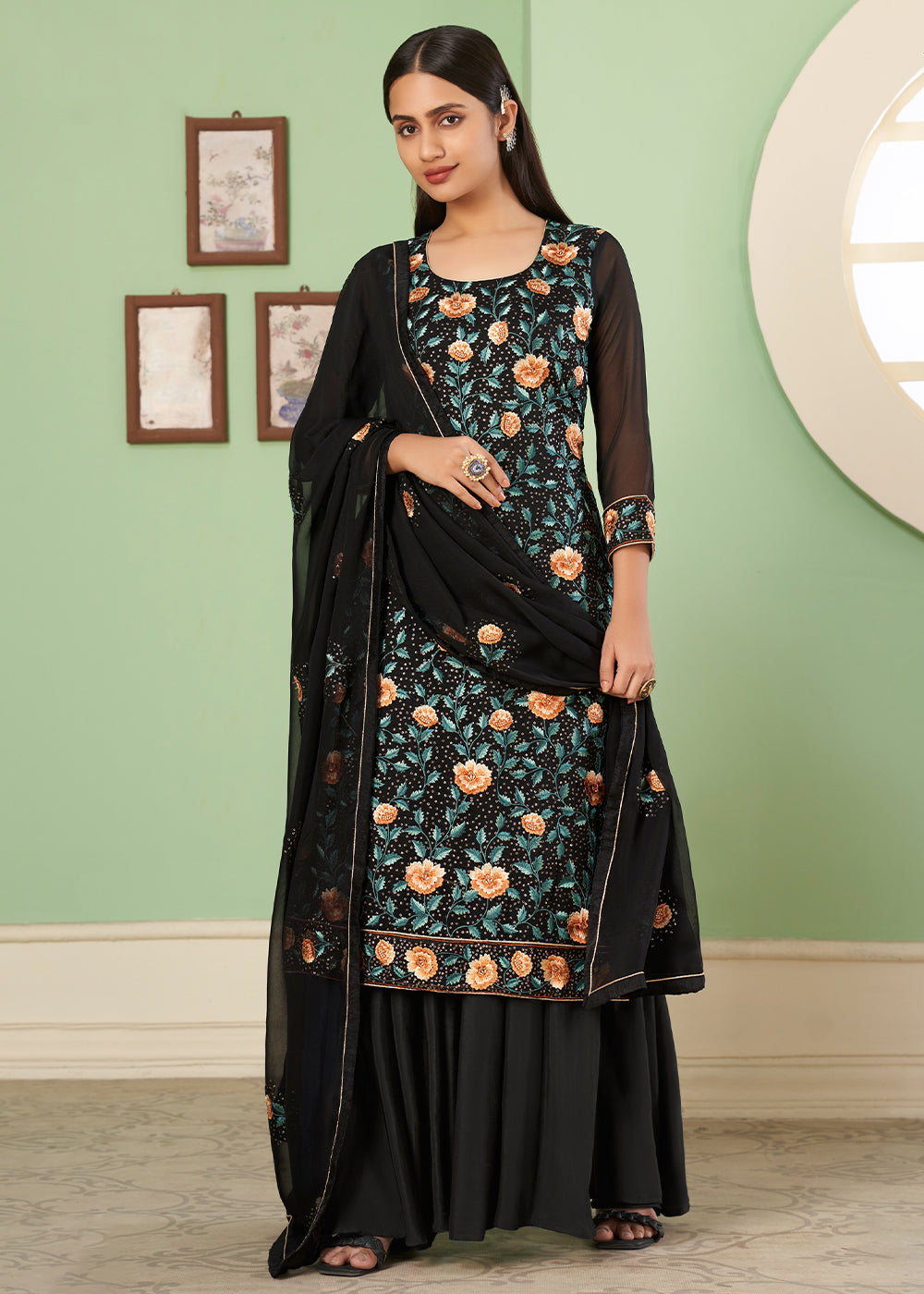 Pebble Black Georgette Salwar Suit with Multi Colour Thread Embroidery & Sequence work - qivii