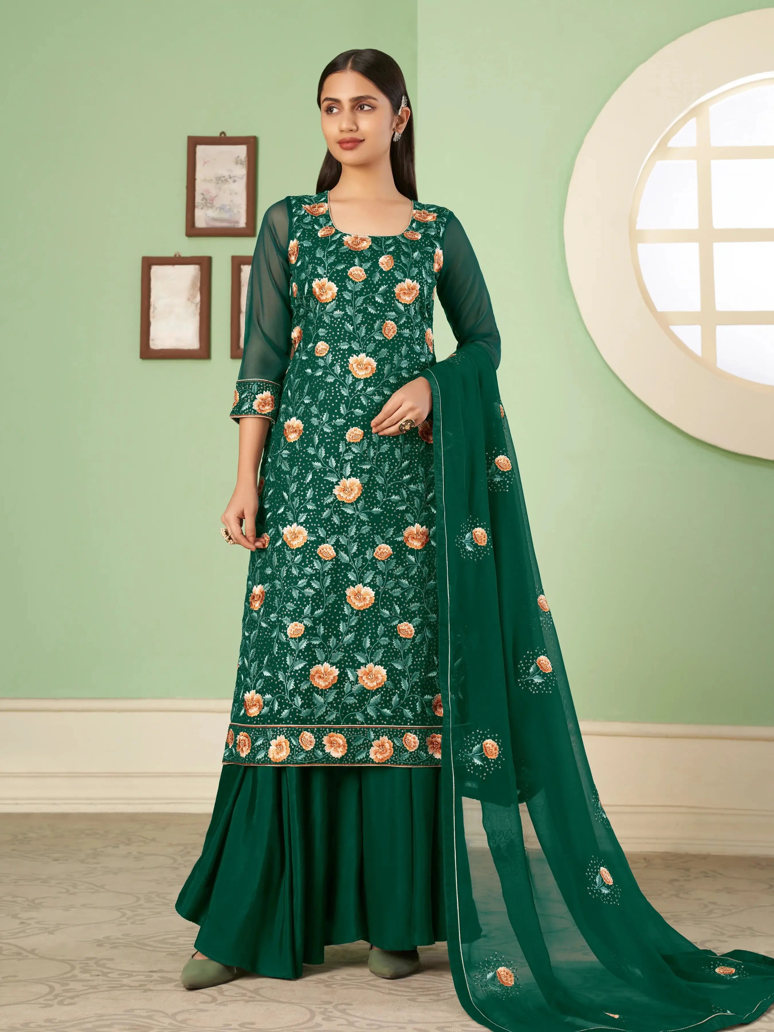 Green Heavy Embroidered Georgette Palazzo Set With Dupatta - qivii