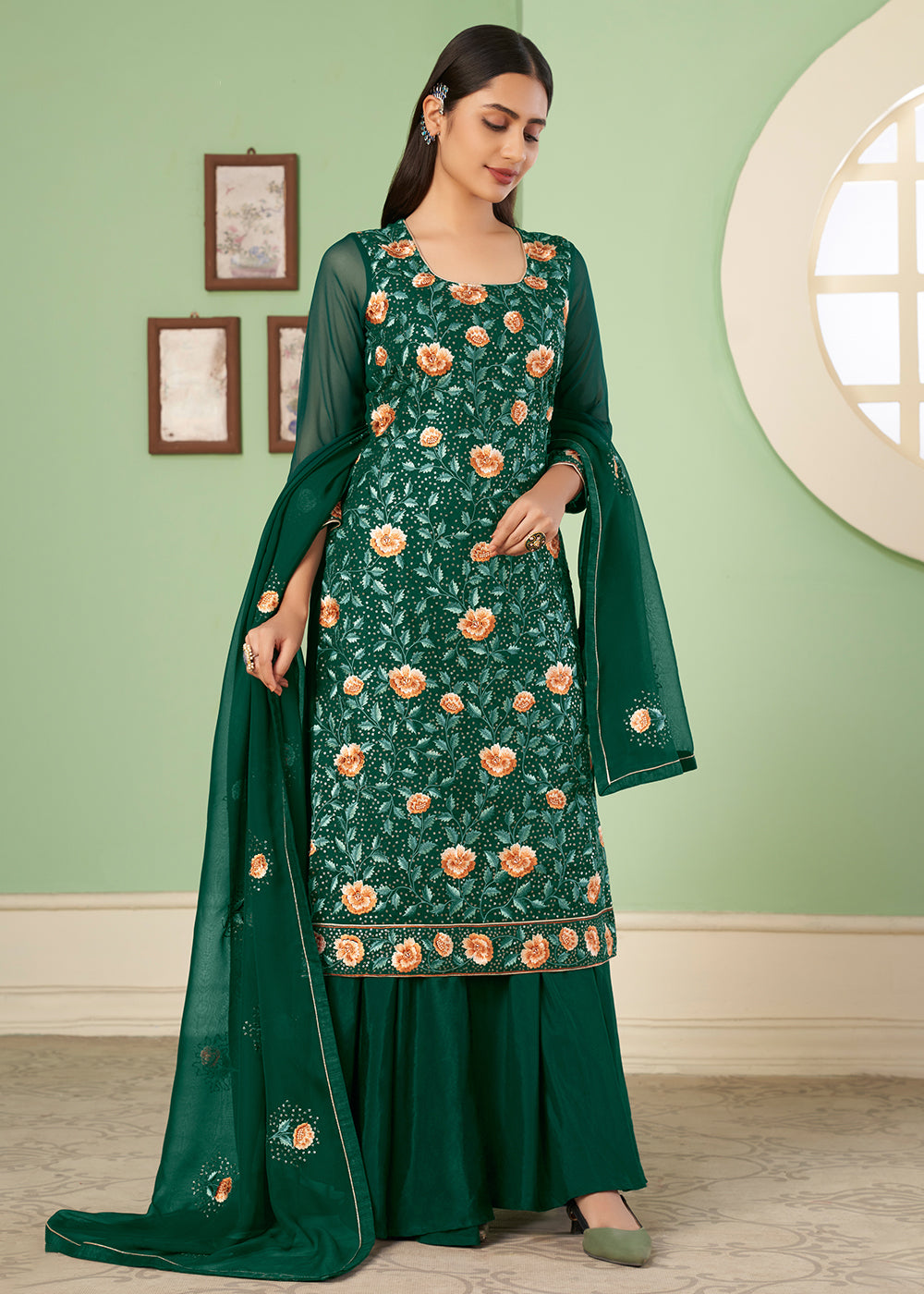 Cadmium Green Georgette Salwar Suit with Multi Colour Thread Embroidery & Sequence work - qivii