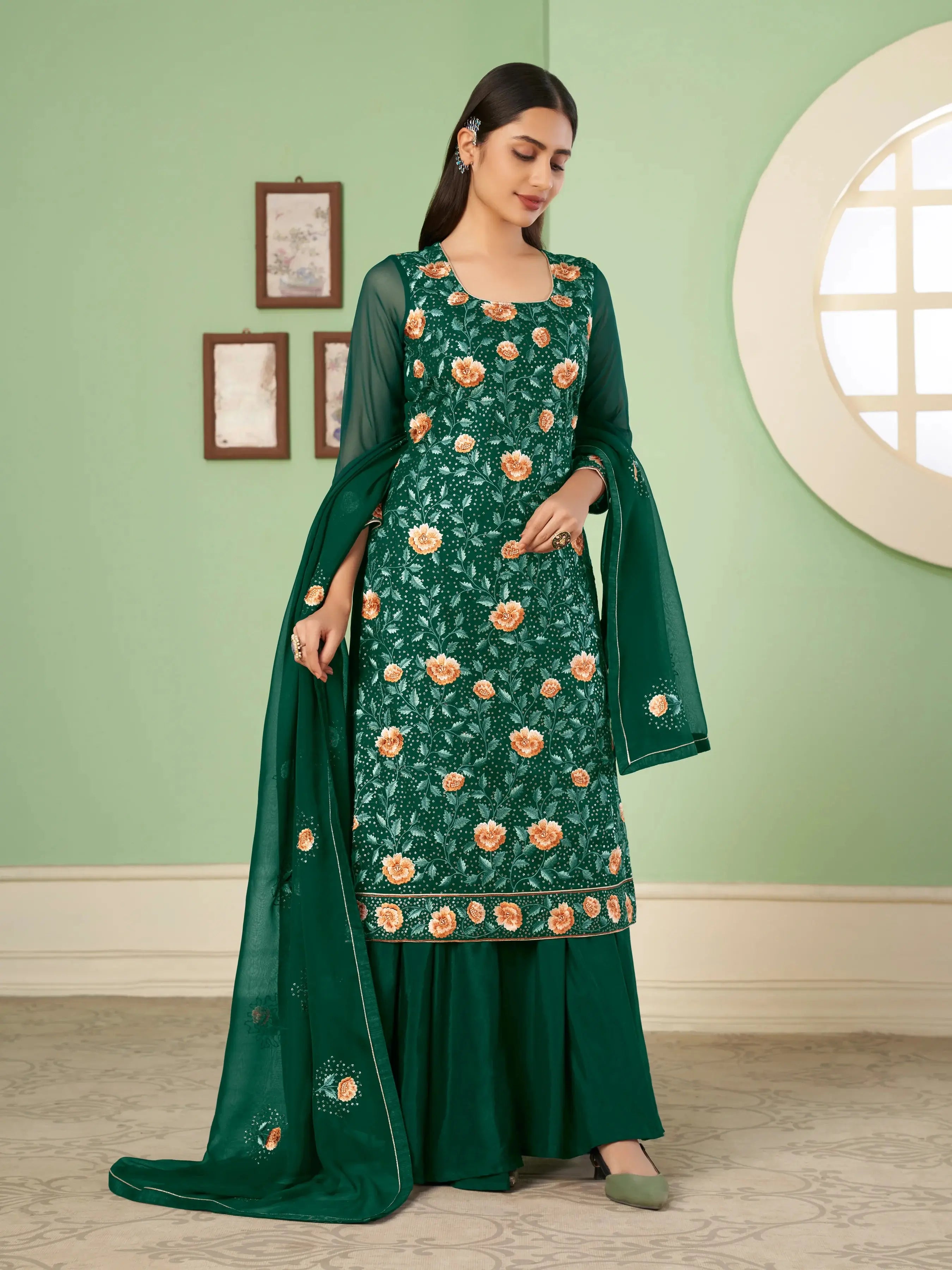 Green Heavy Embroidered Georgette Palazzo Set With Dupatta - qivii