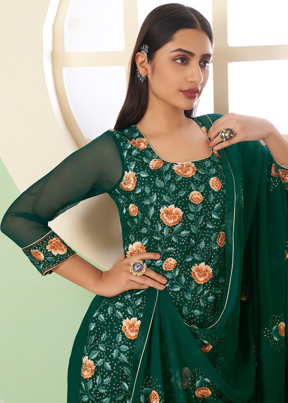 Cadmium Green Georgette Salwar Suit with Multi Colour Thread Embroidery & Sequence work - qivii