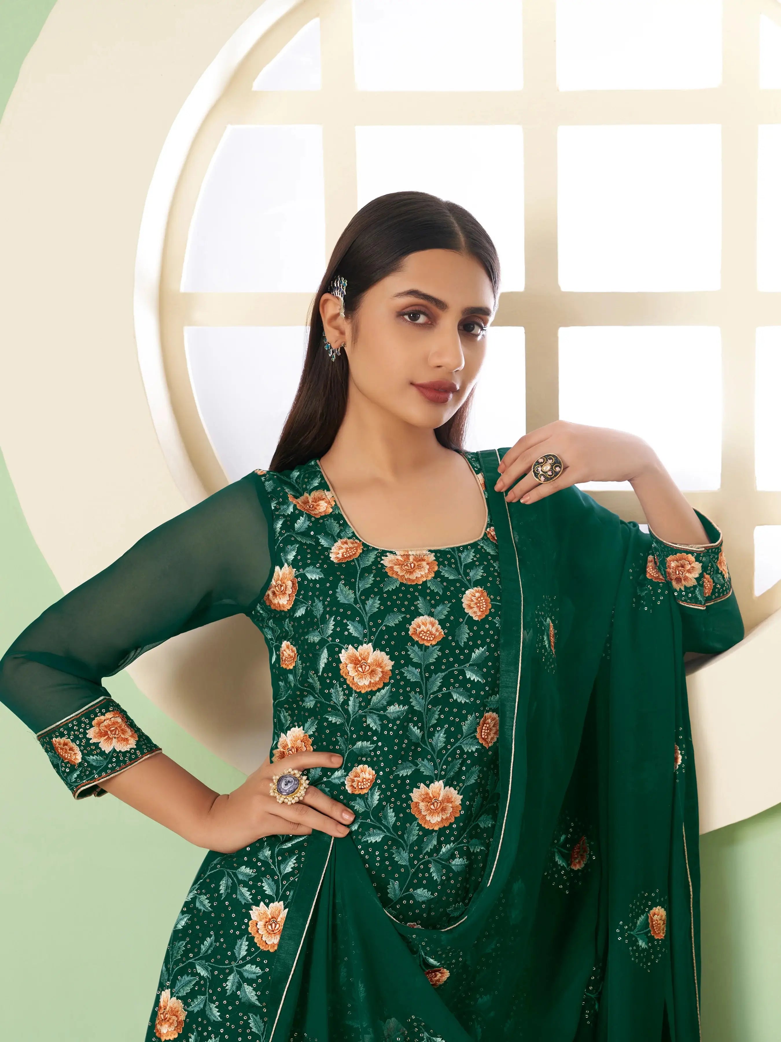 Green Heavy Embroidered Georgette Palazzo Set With Dupatta - qivii