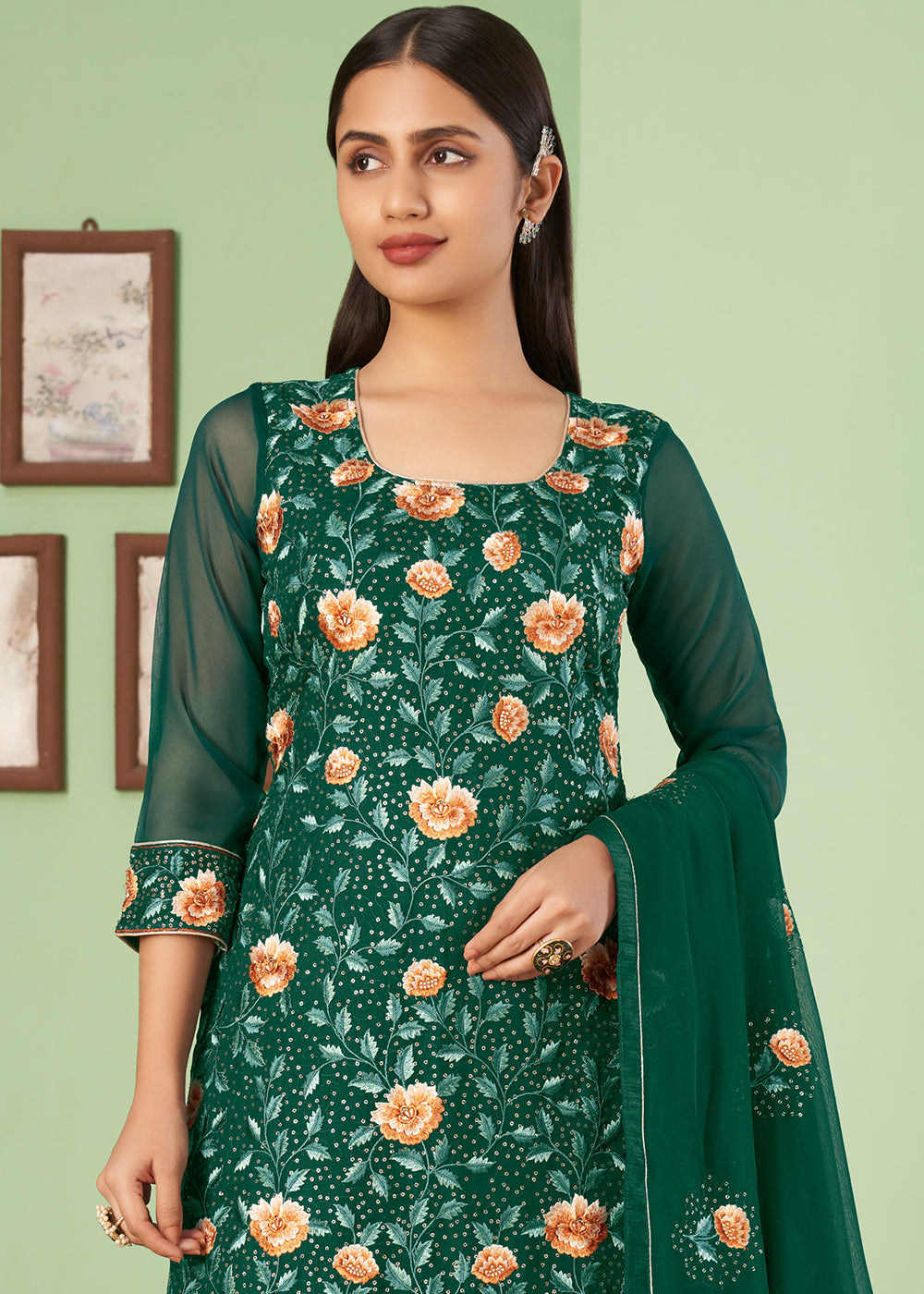 Cadmium Green Georgette Salwar Suit with Multi Colour Thread Embroidery & Sequence work - qivii