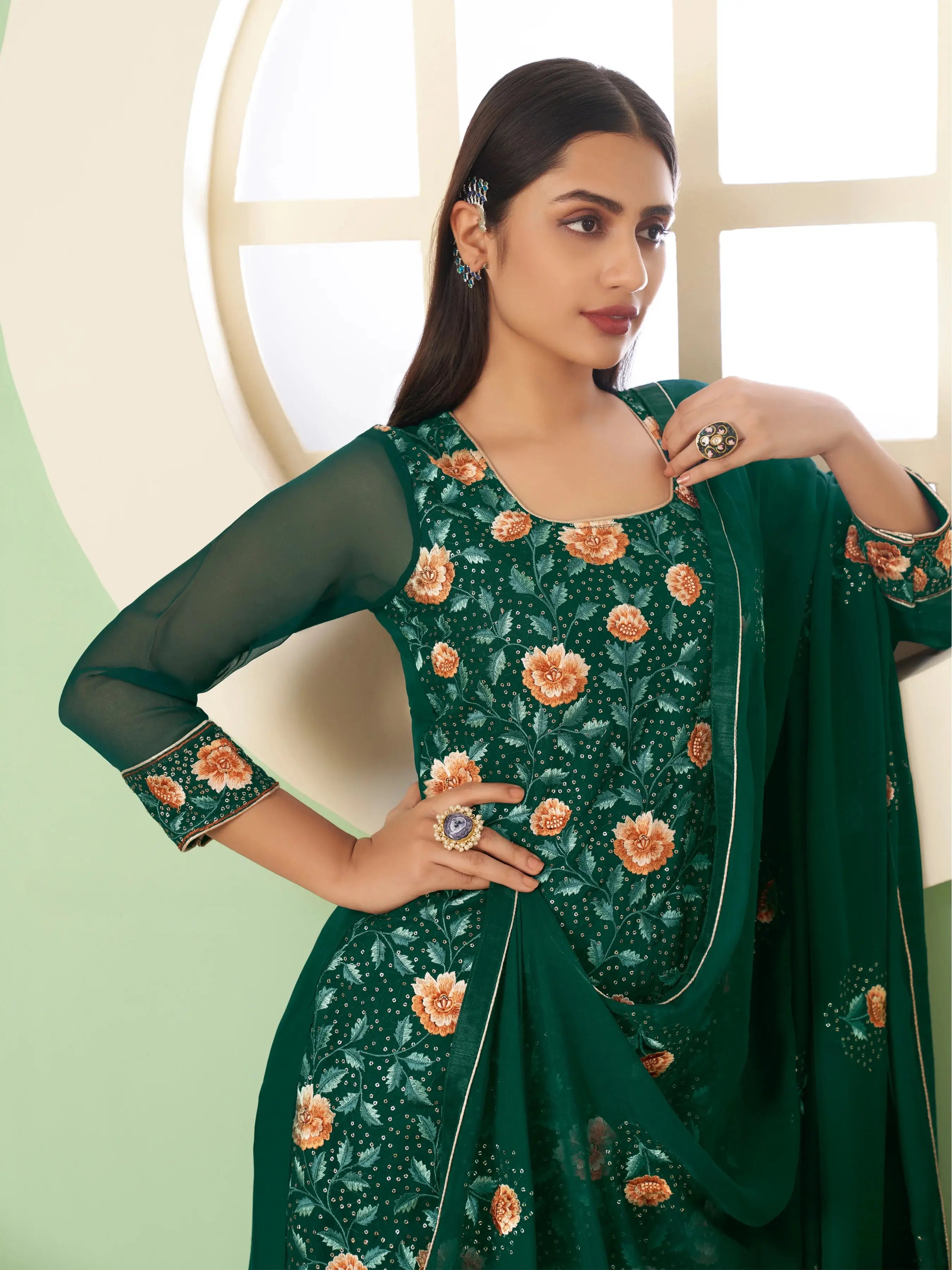 Green Heavy Embroidered Georgette Palazzo Set With Dupatta - qivii