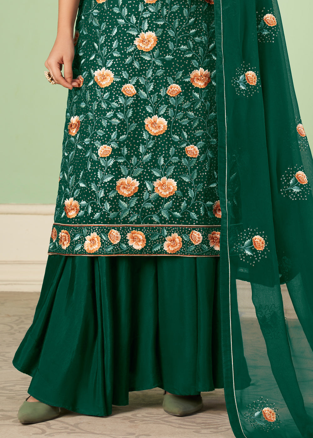 Cadmium Green Georgette Salwar Suit with Multi Colour Thread Embroidery & Sequence work - qivii