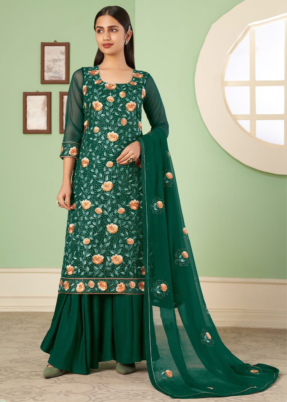 Cadmium Green Georgette Salwar Suit with Multi Colour Thread Embroidery & Sequence work - qivii