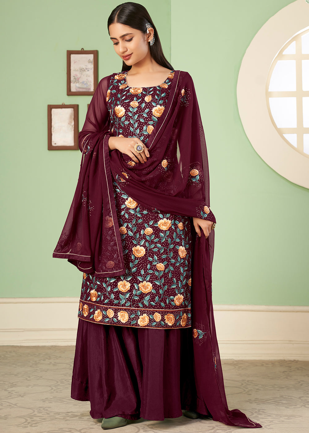Currant Red Georgette Salwar Suit with Multi Colour Thread Embroidery & Sequence work - qivii