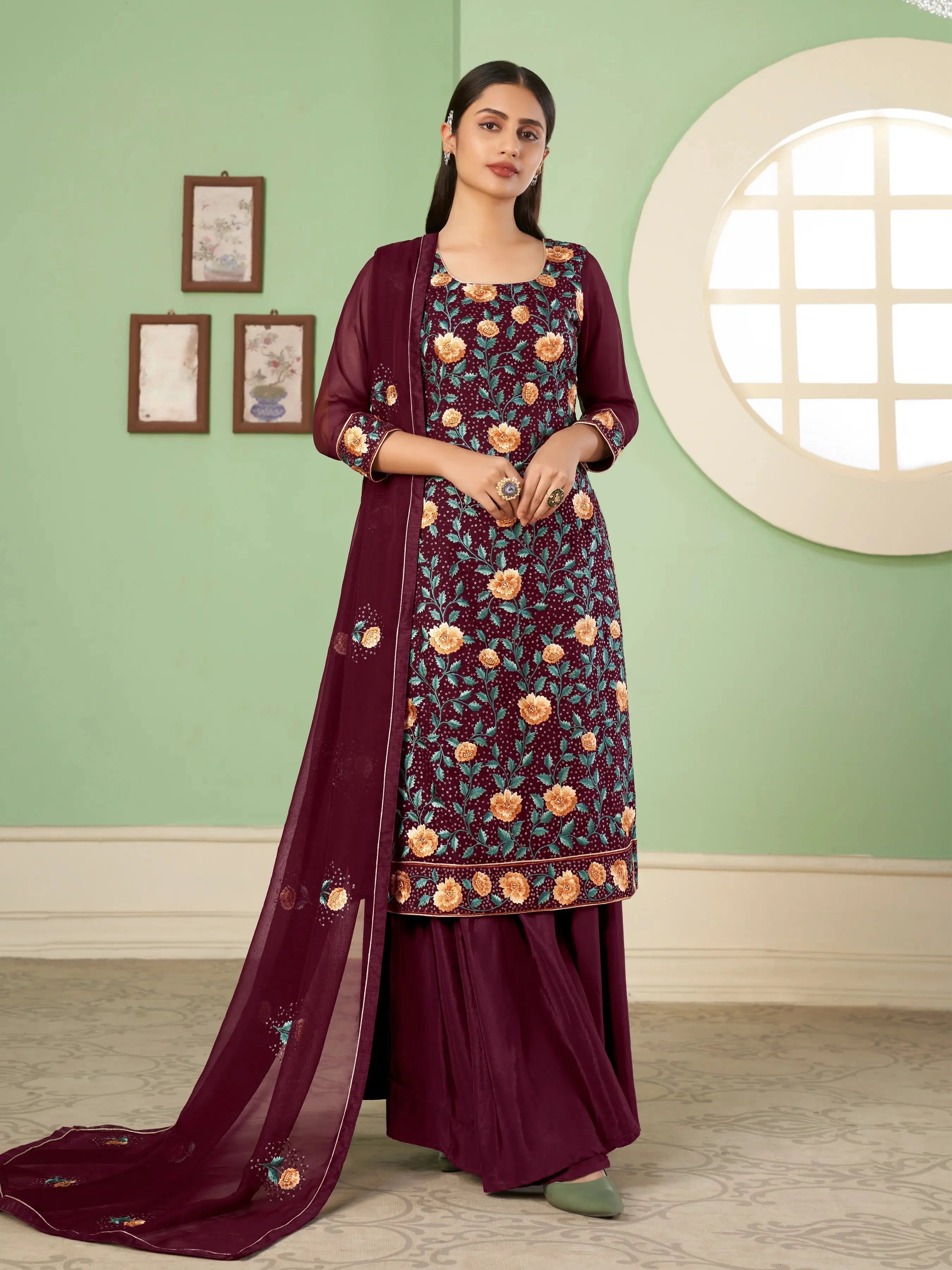 Wine Floral Embroidered Georgette Palazzo Set With Dupatta - qivii