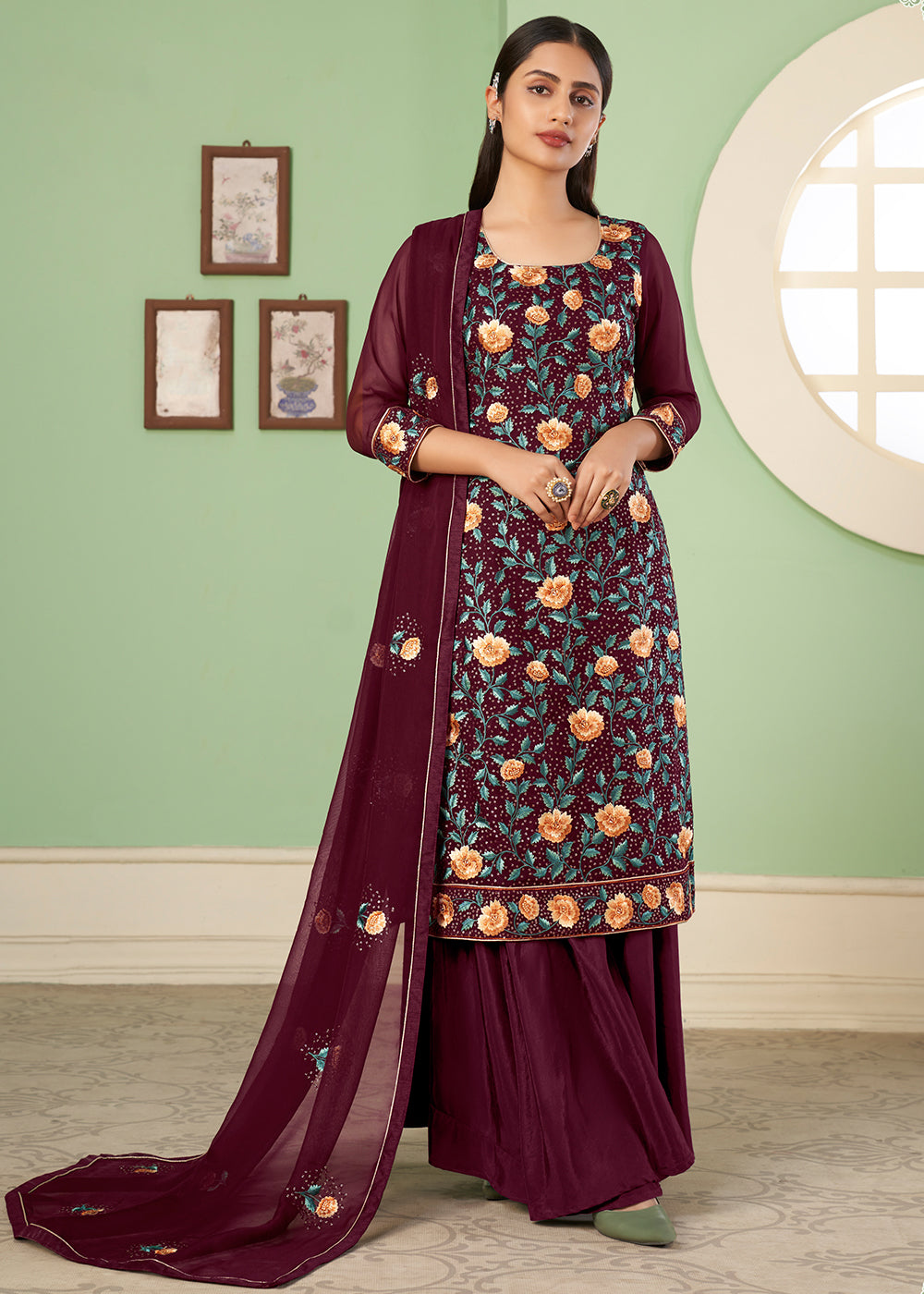 Currant Red Georgette Salwar Suit with Multi Colour Thread Embroidery & Sequence work - qivii