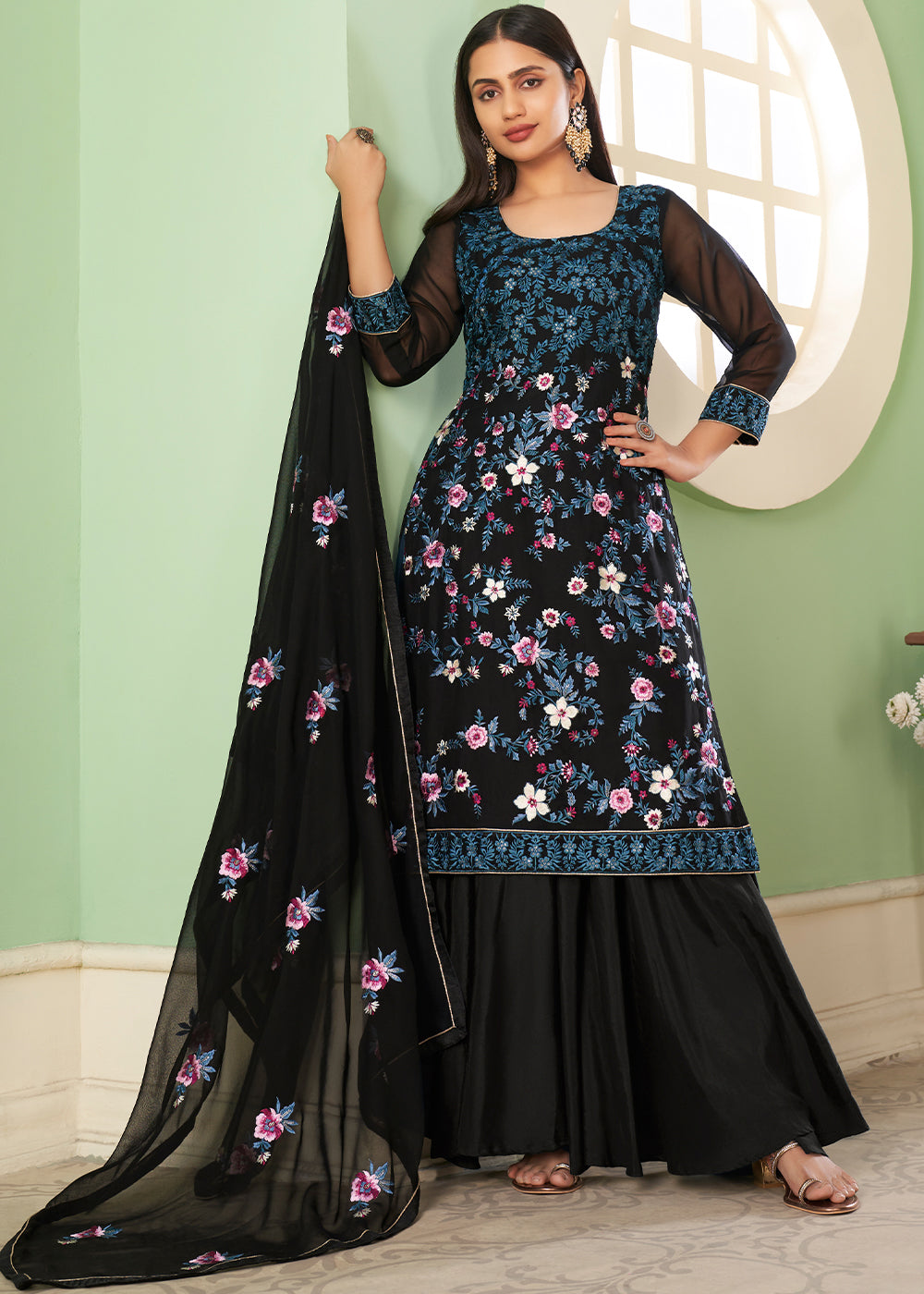 Midnight Black Georgette Salwar Suit with Multi Colour Thread Embroidery & Sequence work - qivii