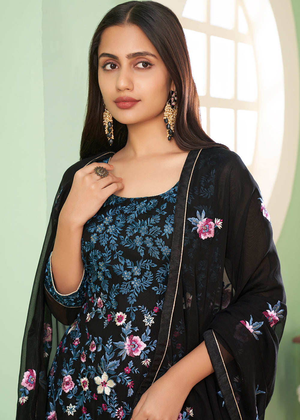 Midnight Black Georgette Salwar Suit with Multi Colour Thread Embroidery & Sequence work - qivii