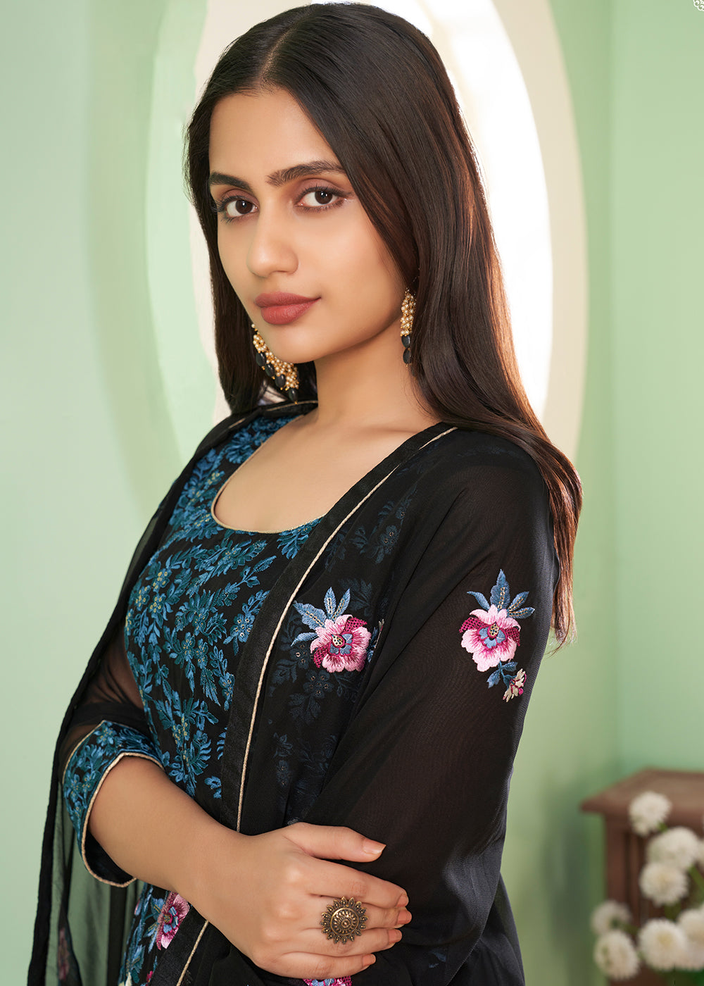 Midnight Black Georgette Salwar Suit with Multi Colour Thread Embroidery & Sequence work - qivii