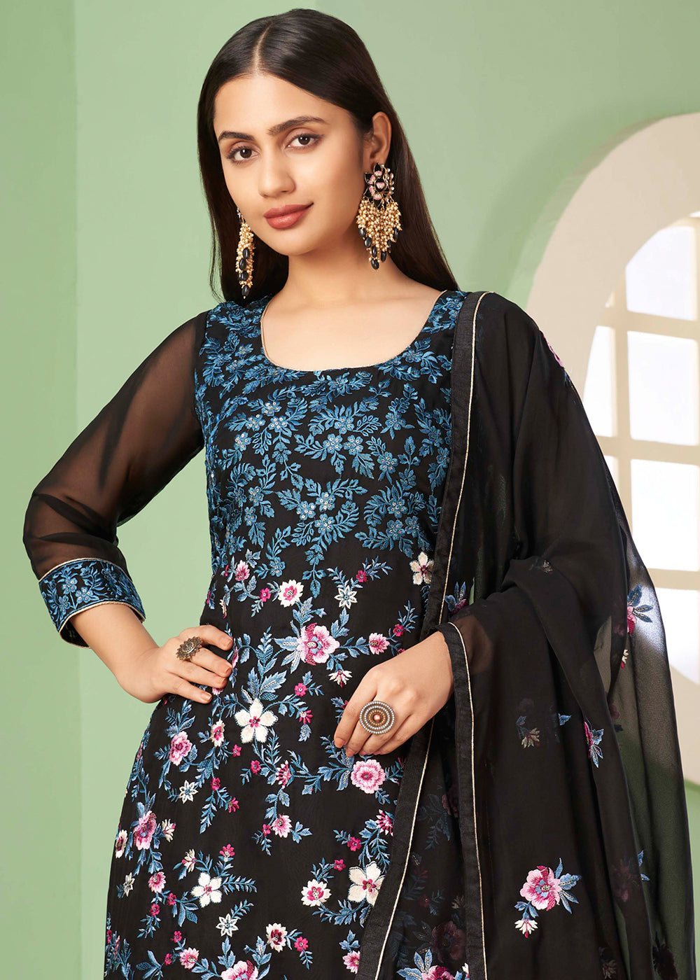 Midnight Black Georgette Salwar Suit with Multi Colour Thread Embroidery & Sequence work - qivii