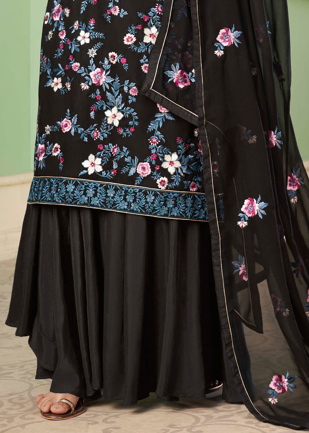 Midnight Black Georgette Salwar Suit with Multi Colour Thread Embroidery & Sequence work - qivii