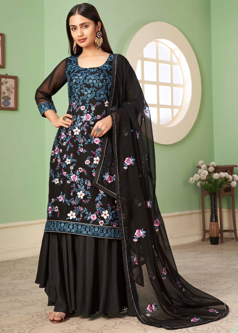 Midnight Black Georgette Salwar Suit with Multi Colour Thread Embroidery & Sequence work - qivii