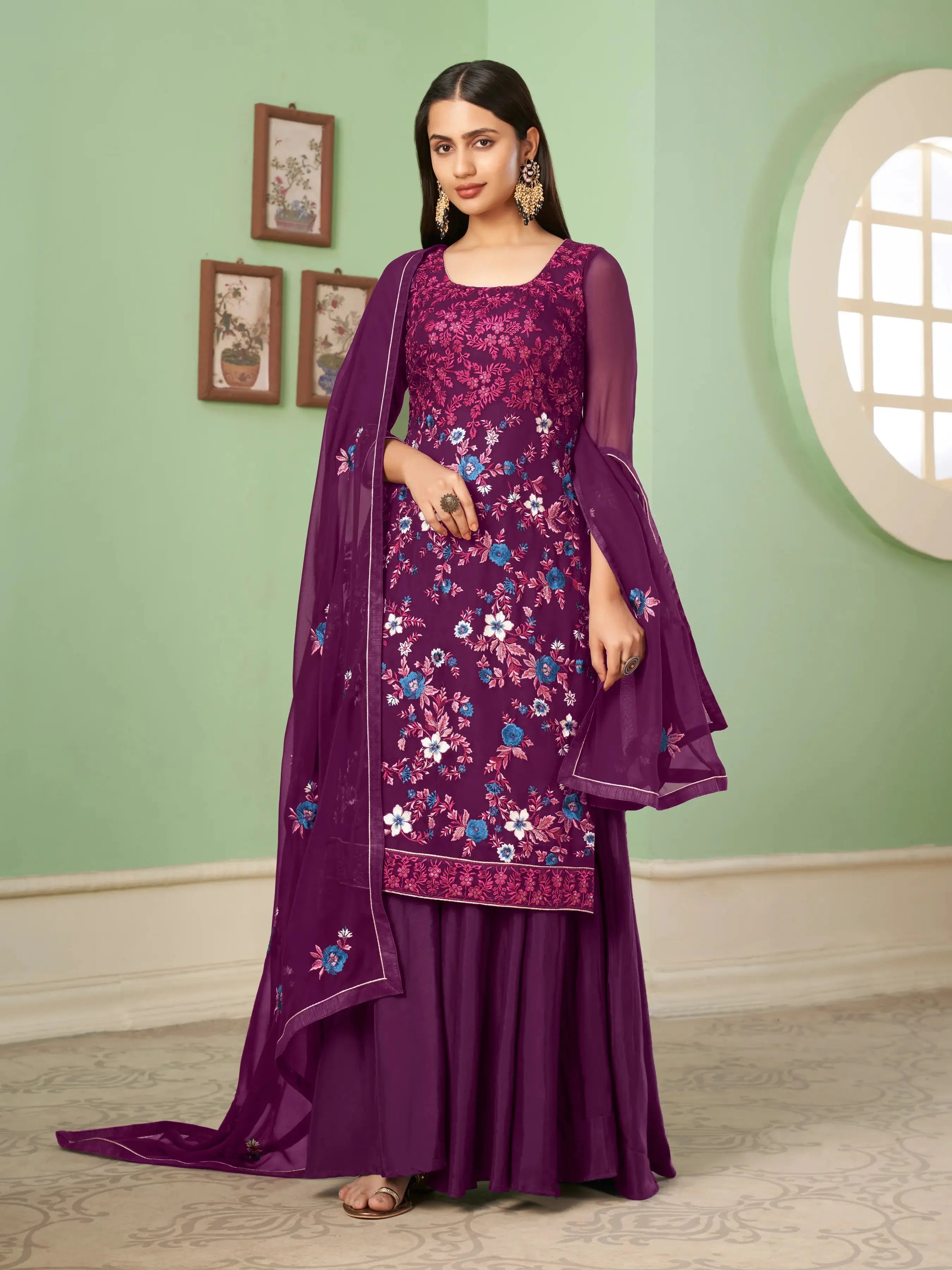 Purple Heavy Embroidery Work Georgette Palazzo Set With Dupatta - qivii