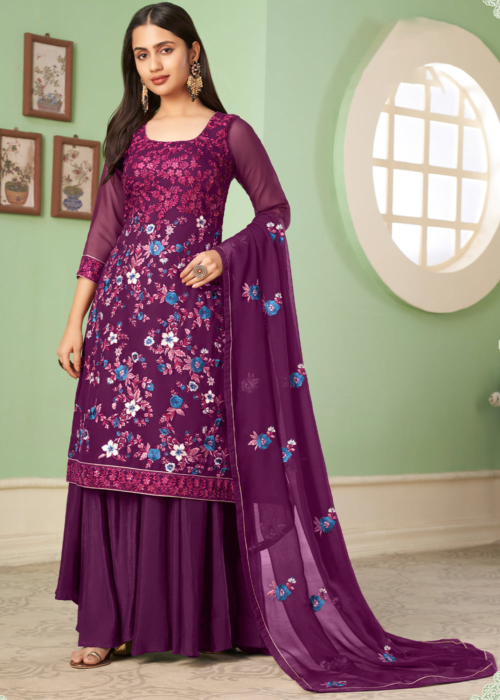 Byzantine Purple Georgette Salwar Suit with Multi Colour Thread Embroidery & Sequence work - qivii