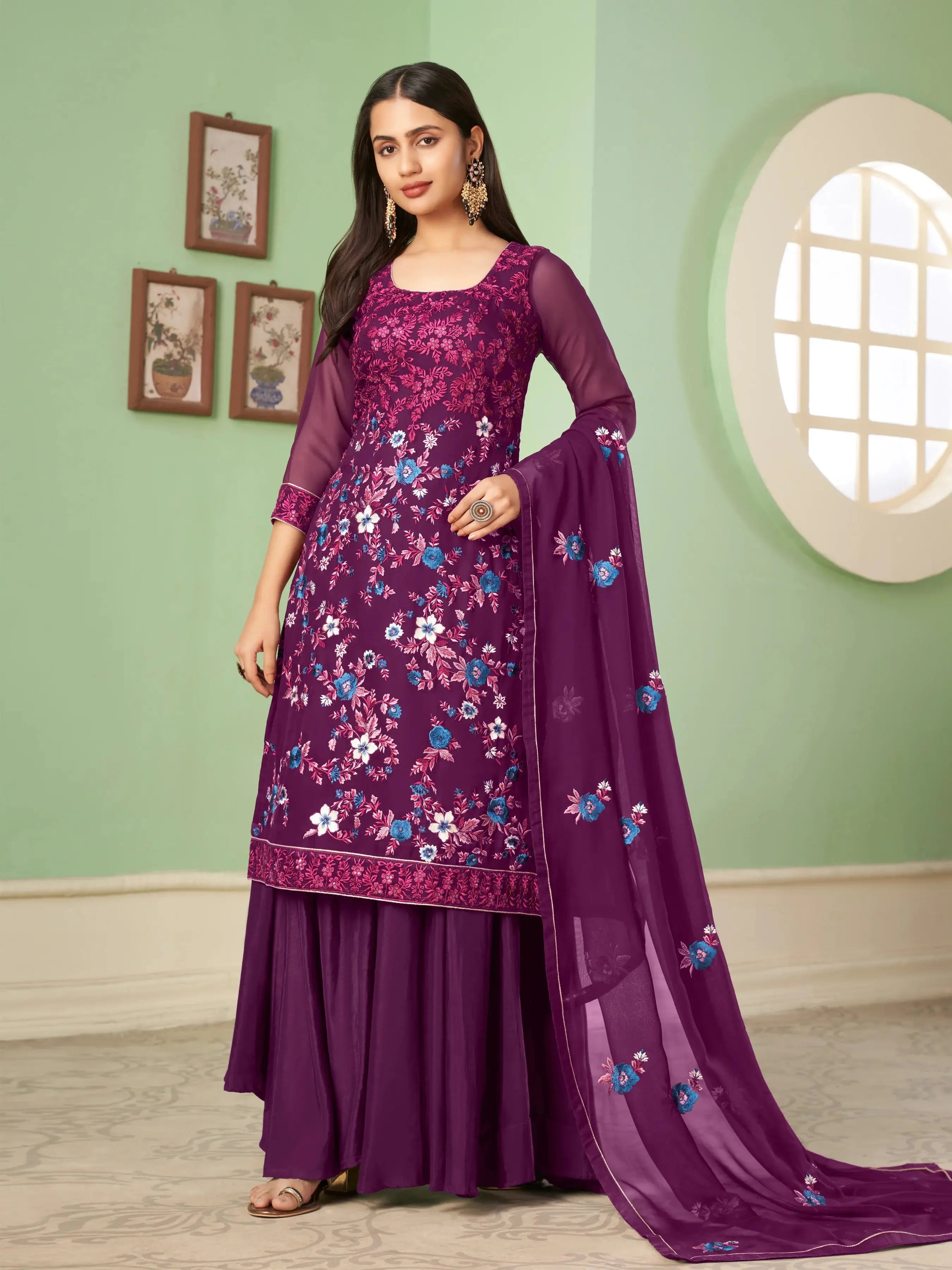 Purple Heavy Embroidery Work Georgette Palazzo Set With Dupatta