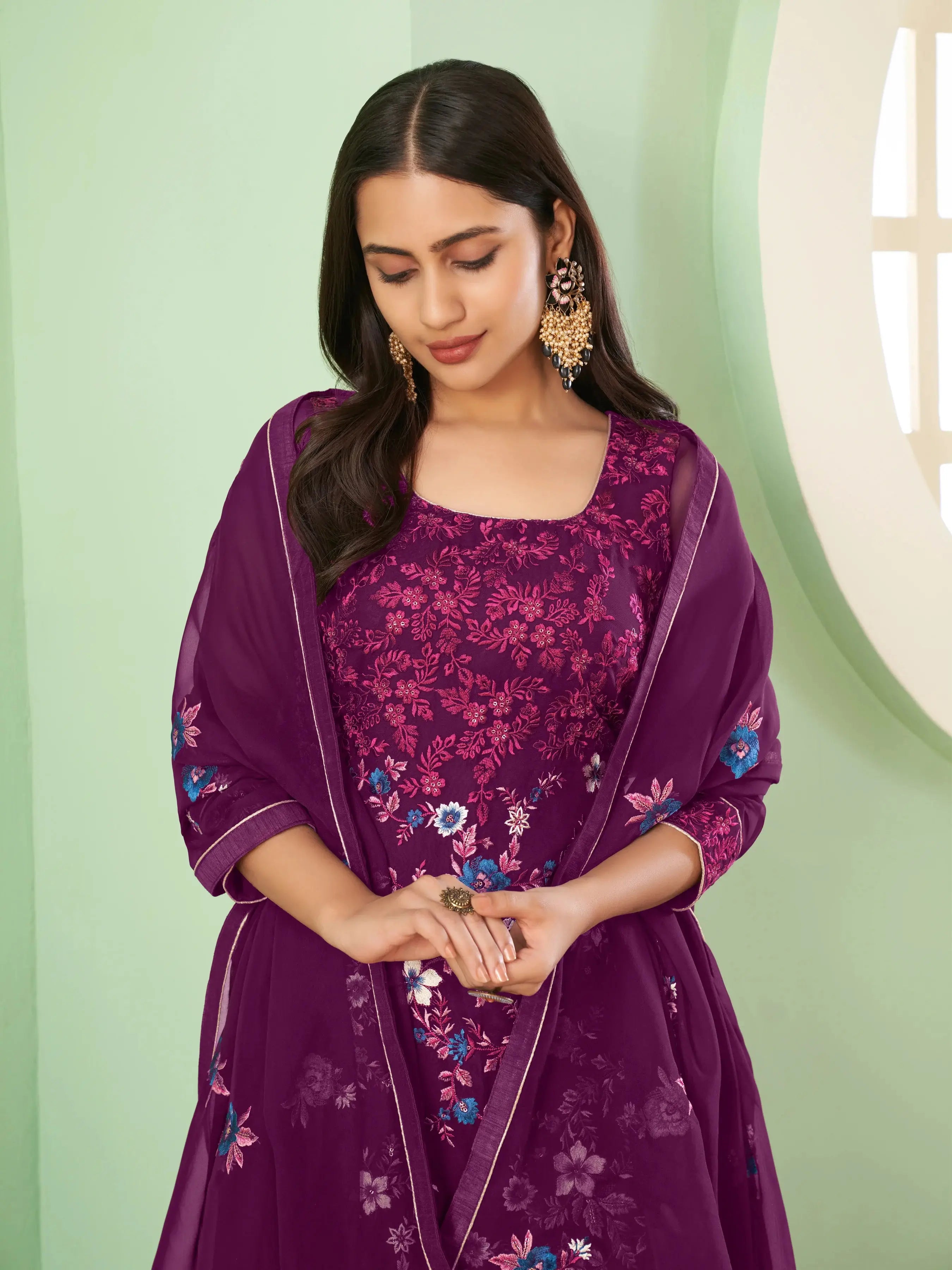 Purple Heavy Embroidery Work Georgette Palazzo Set With Dupatta