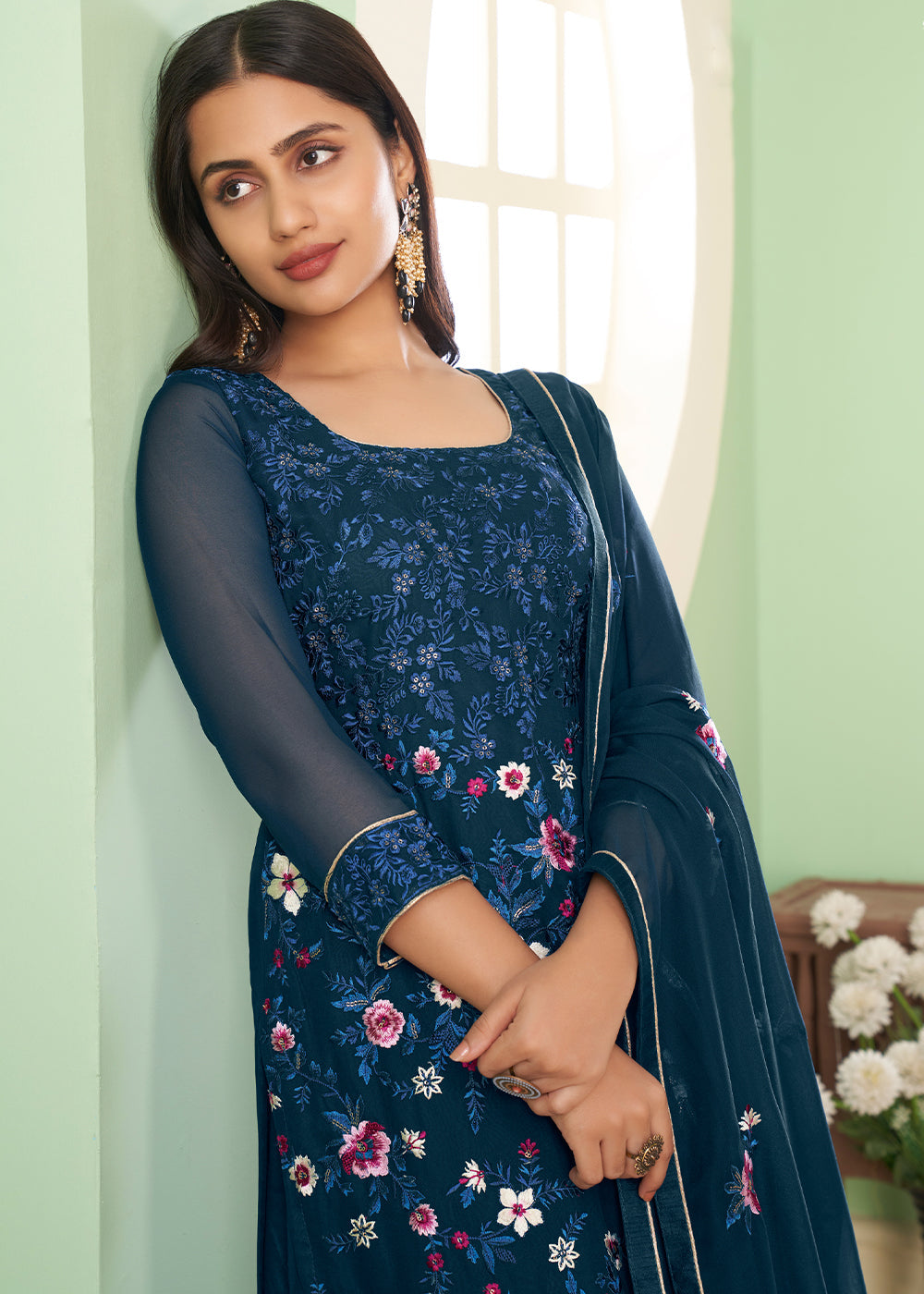 Cobalt Blue Georgette Salwar Suit with Multi Colour Thread Embroidery & Sequence work - qivii