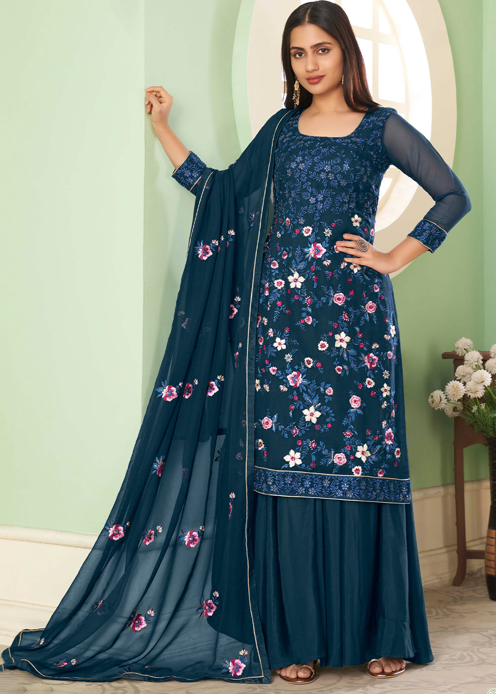 Cobalt Blue Georgette Salwar Suit with Multi Colour Thread Embroidery & Sequence work - qivii
