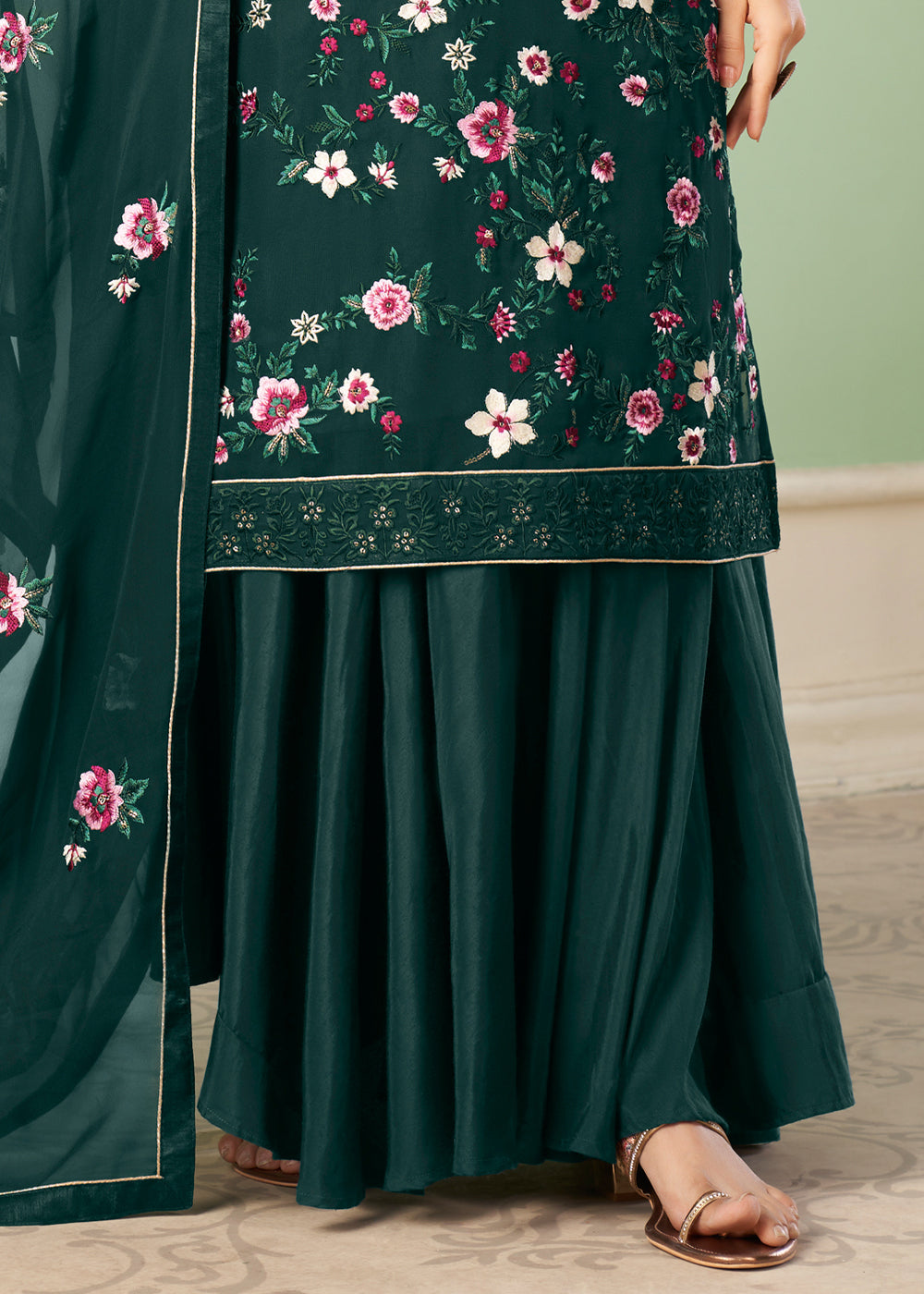 Sacramento Green Georgette Salwar Suit with Multi Colour Thread Embroidery & Sequence work - qivii